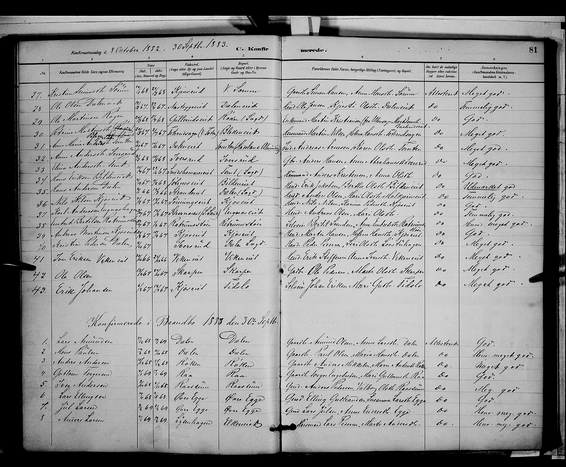 Gran prestekontor, SAH/PREST-112/H/Ha/Hab/L0003: Parish register (copy) no. 3, 1882-1890, p. 81