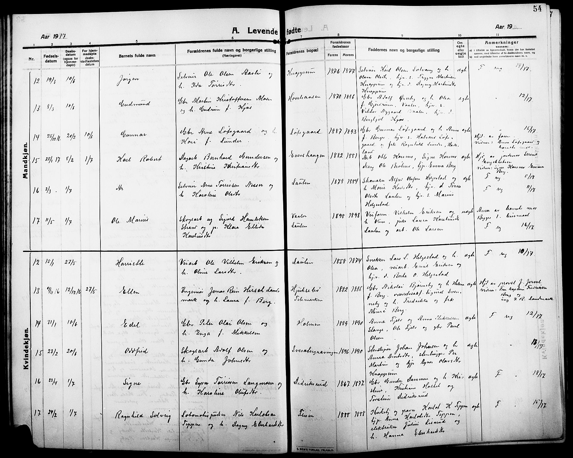 Åsnes prestekontor, AV/SAH-PREST-042/H/Ha/Hab/L0007: Parish register (copy) no. 7, 1909-1926, p. 54