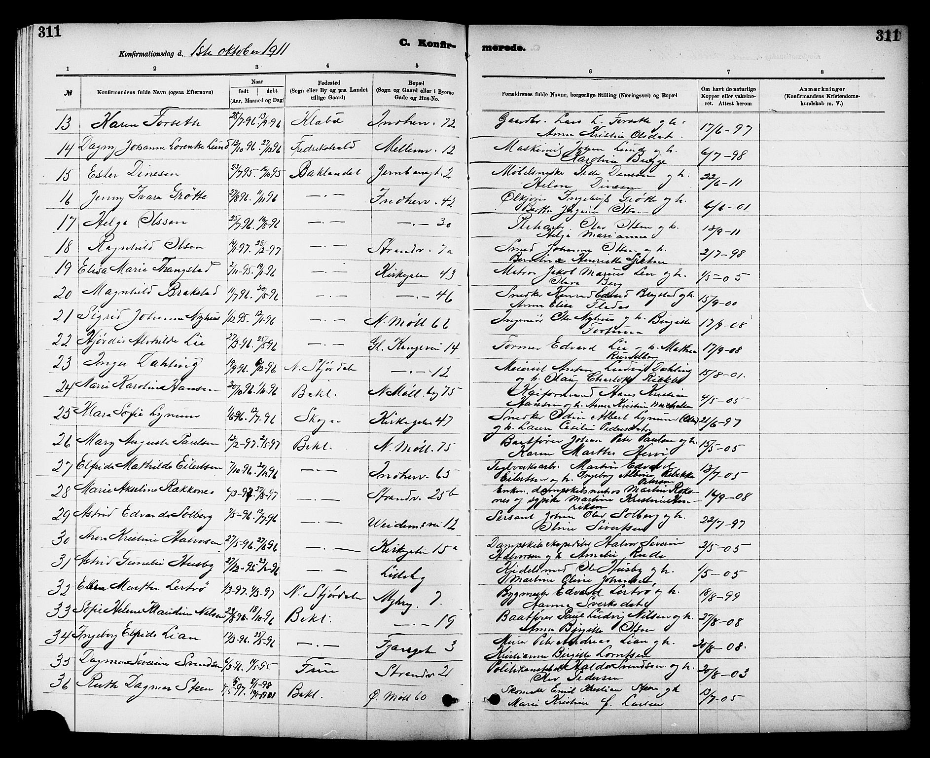 Ministerialprotokoller, klokkerbøker og fødselsregistre - Sør-Trøndelag, AV/SAT-A-1456/605/L0254: Parish register (copy) no. 605C01, 1908-1916, p. 311