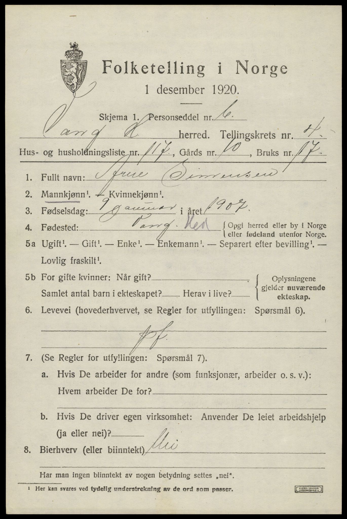 SAH, 1920 census for Vang (Hedmark), 1920, p. 13839