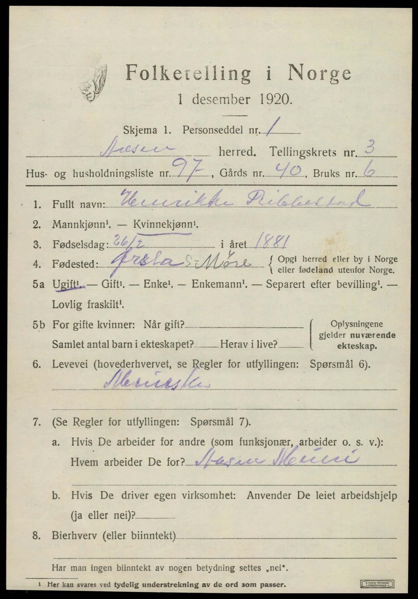 SAT, 1920 census for Åsen, 1920, p. 3128