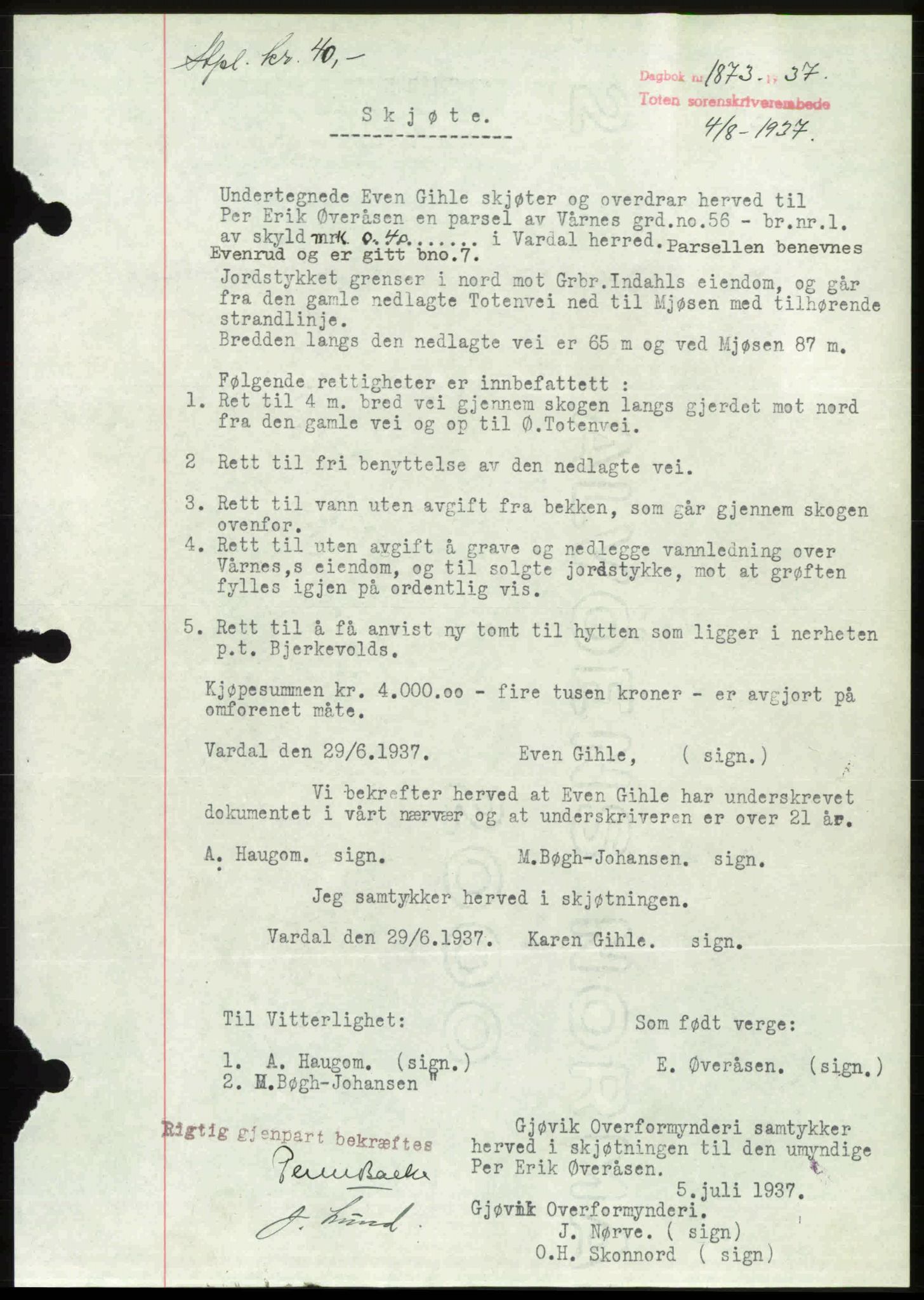 Toten tingrett, SAH/TING-006/H/Hb/Hbc/L0003: Mortgage book no. Hbc-03, 1937-1938, Diary no: : 1873/1937