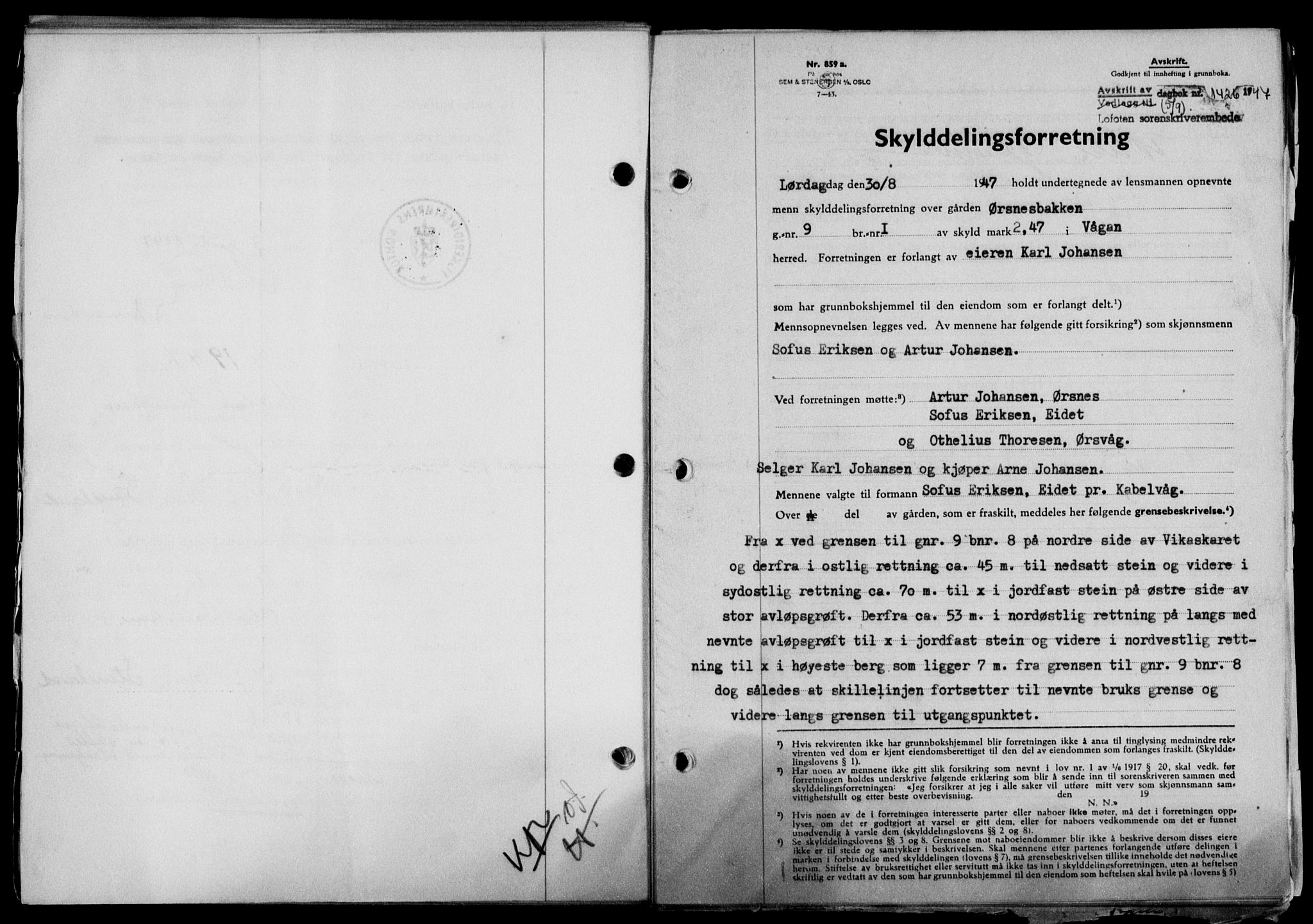 Lofoten sorenskriveri, SAT/A-0017/1/2/2C/L0016a: Mortgage book no. 16a, 1947-1947, Diary no: : 1426/1947