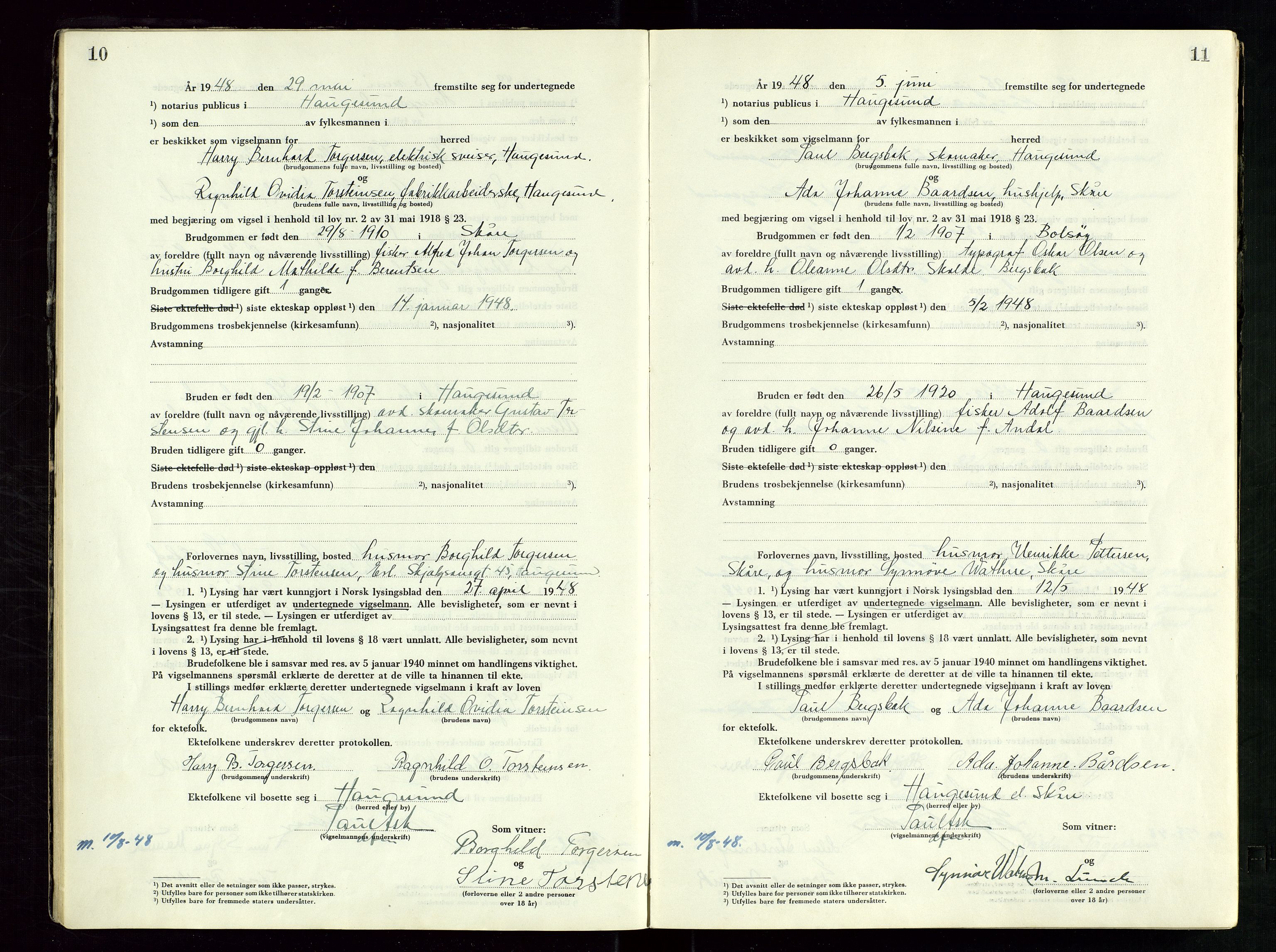 Haugesund tingrett, AV/SAST-A-101415/01/III/IIID/L0006: Vigselbok, 1948-1956, p. 10-11