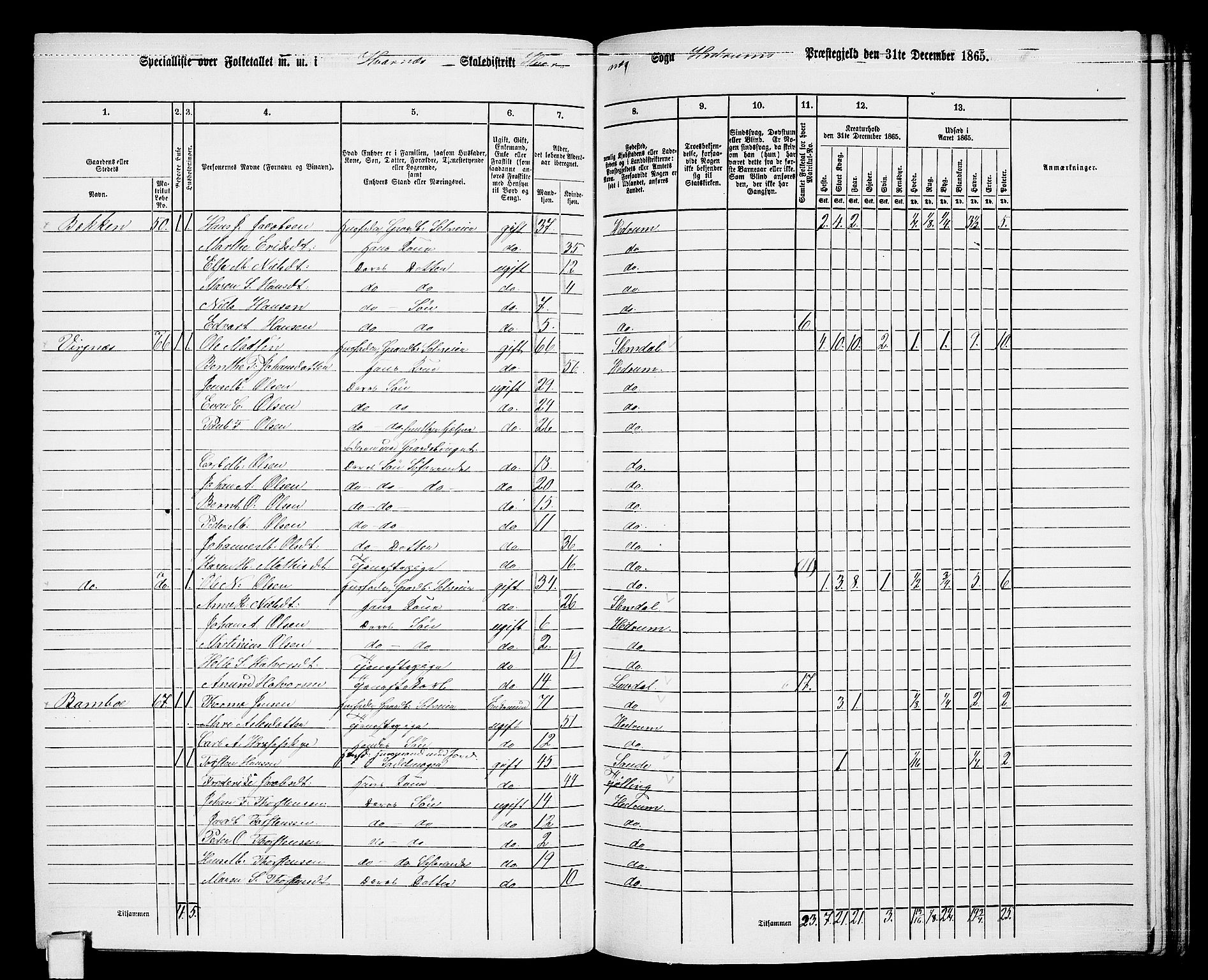 RA, 1865 census for Hedrum, 1865, p. 154