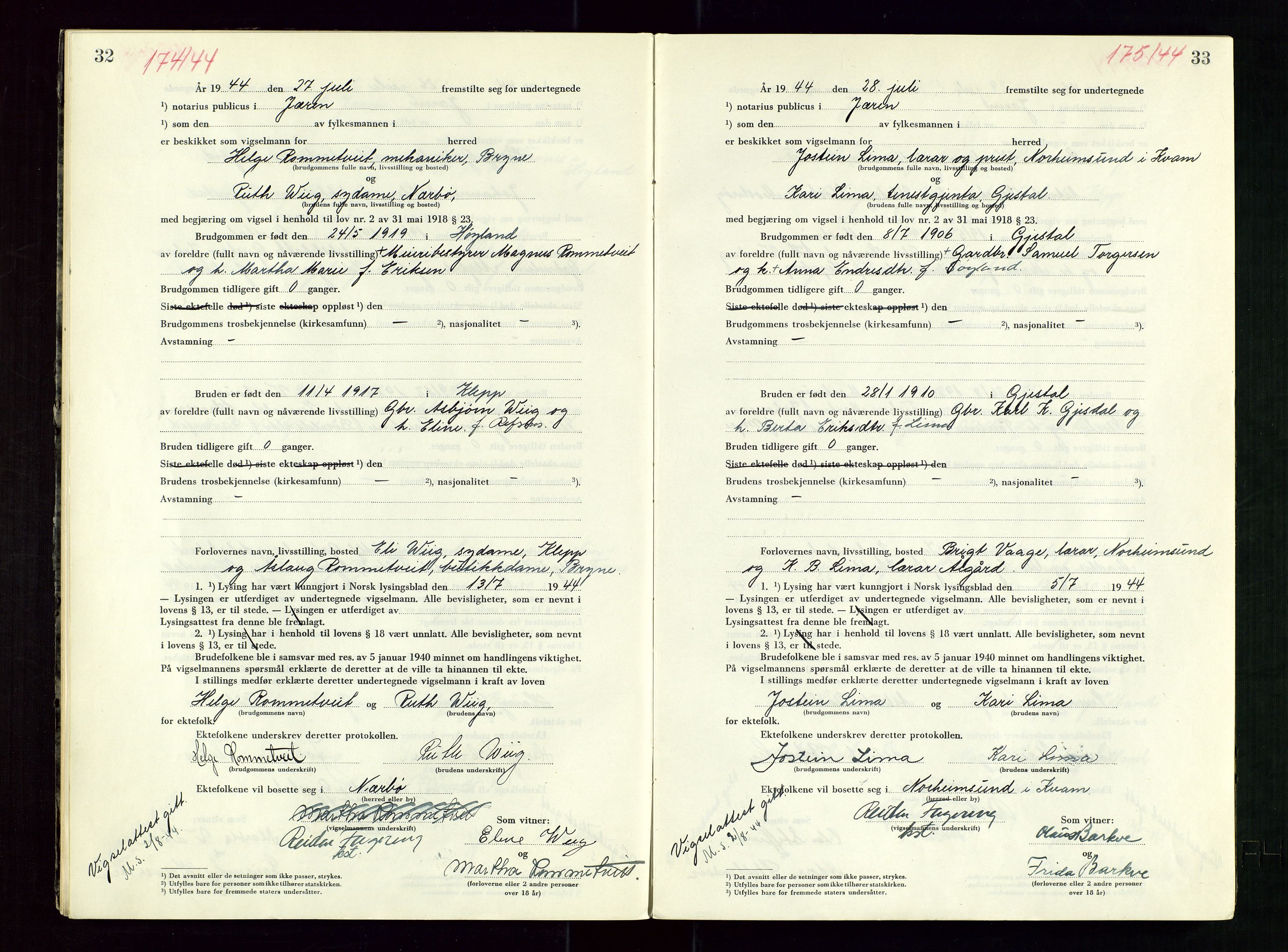 Jæren sorenskriveri, AV/SAST-A-100310/01/6/62/62BA/L0007: VIGSELSPROTOKOLL, 1944, p. 32-33