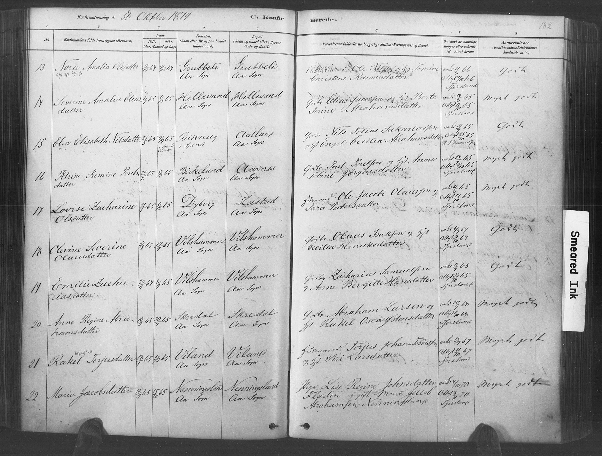 Lyngdal sokneprestkontor, AV/SAK-1111-0029/F/Fa/Fac/L0011: Parish register (official) no. A 11, 1878-1893, p. 182