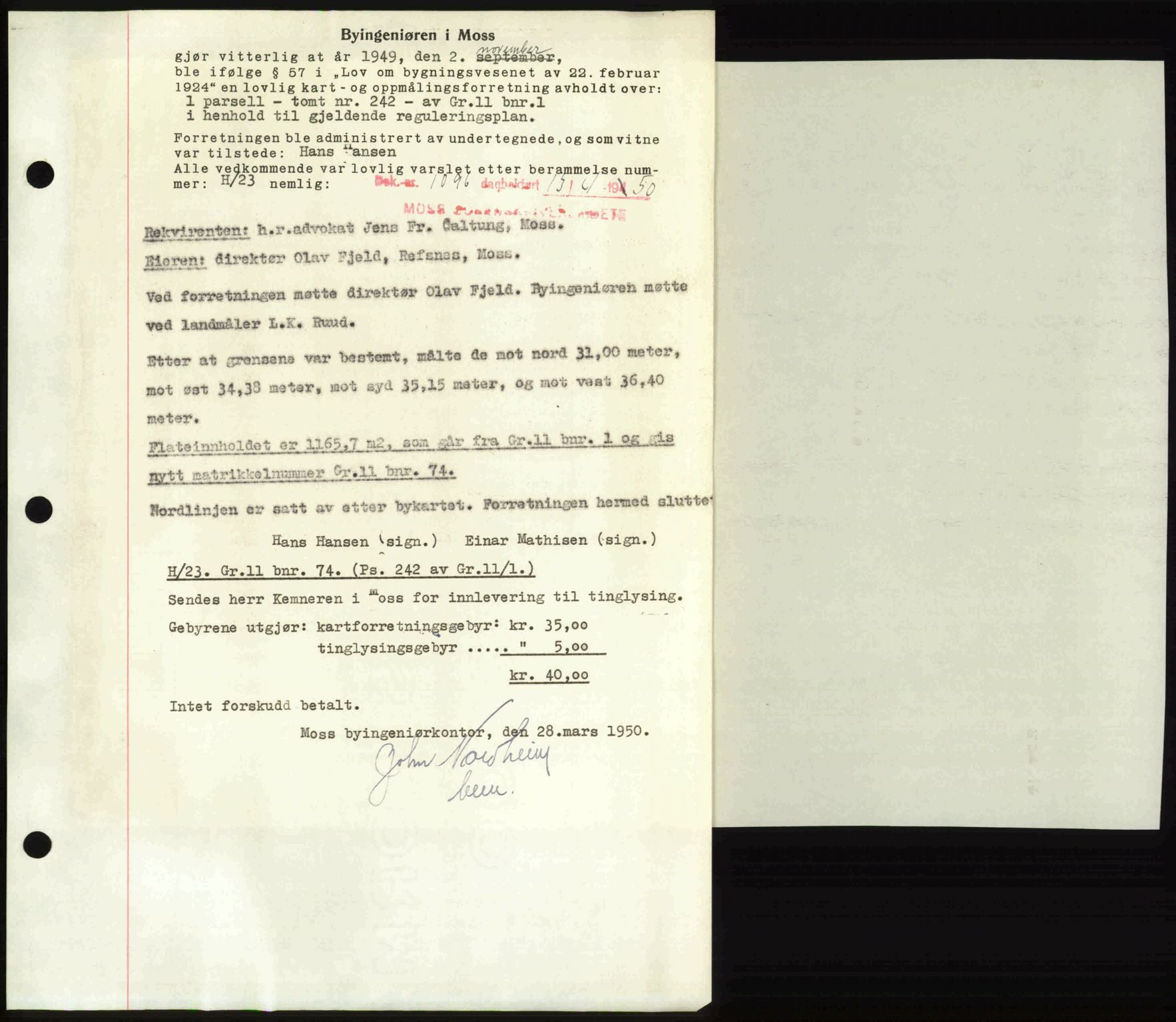Moss sorenskriveri, SAO/A-10168: Mortgage book no. A25, 1950-1950, Diary no: : 1096/1950