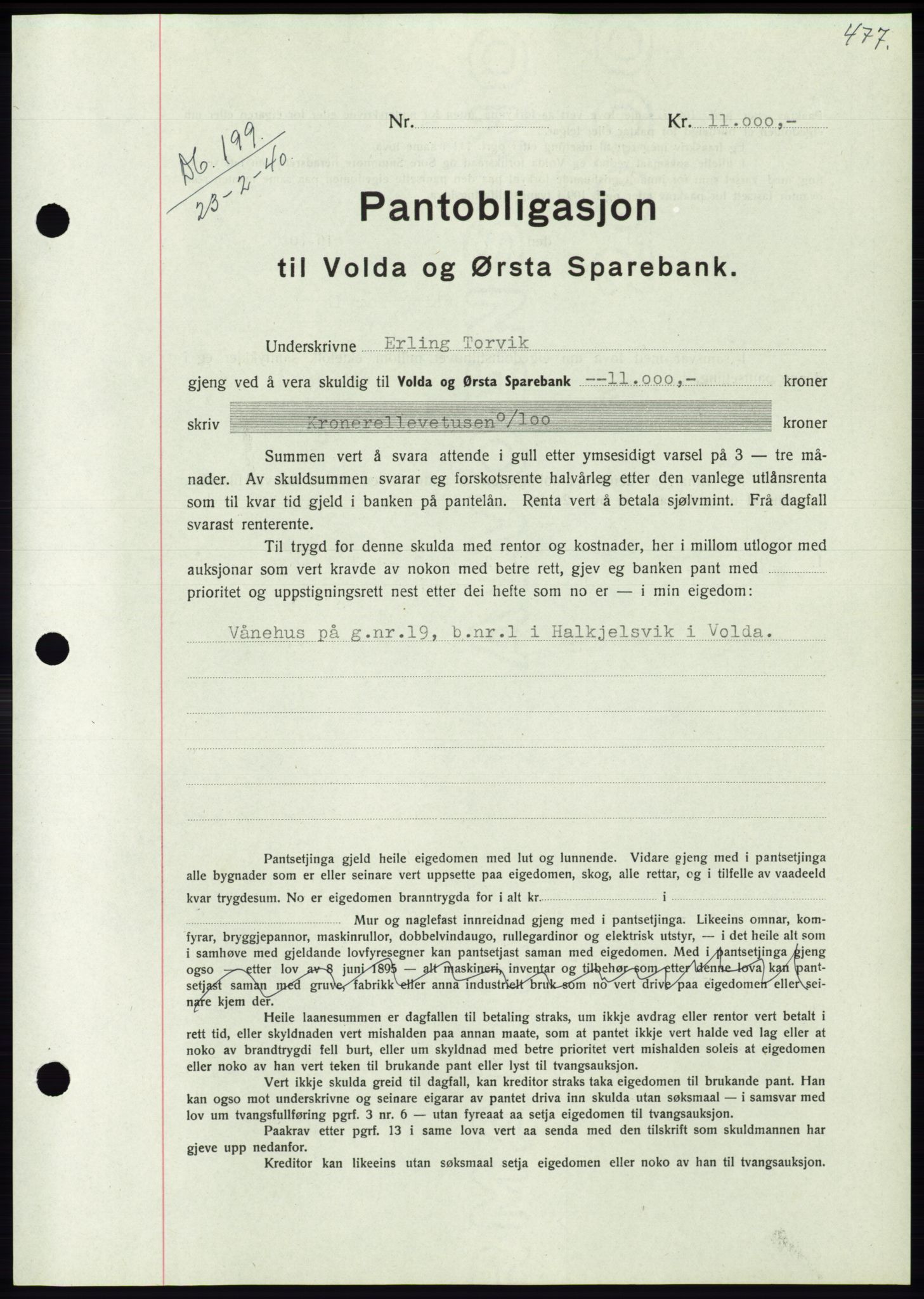 Søre Sunnmøre sorenskriveri, AV/SAT-A-4122/1/2/2C/L0069: Mortgage book no. 63, 1939-1940, Diary no: : 199/1940