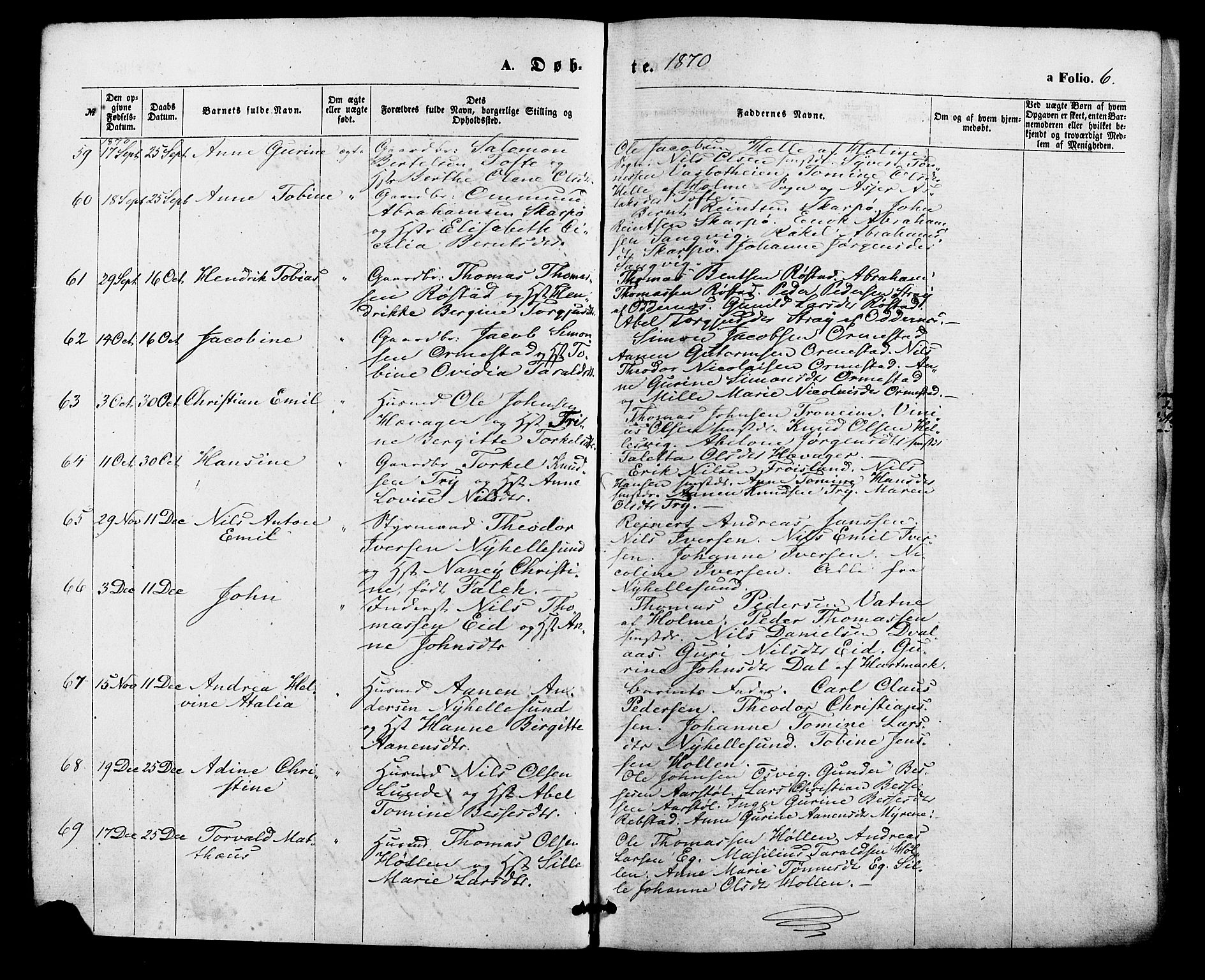 Søgne sokneprestkontor, AV/SAK-1111-0037/F/Fa/Fab/L0011: Parish register (official) no. A 11, 1869-1879, p. 6