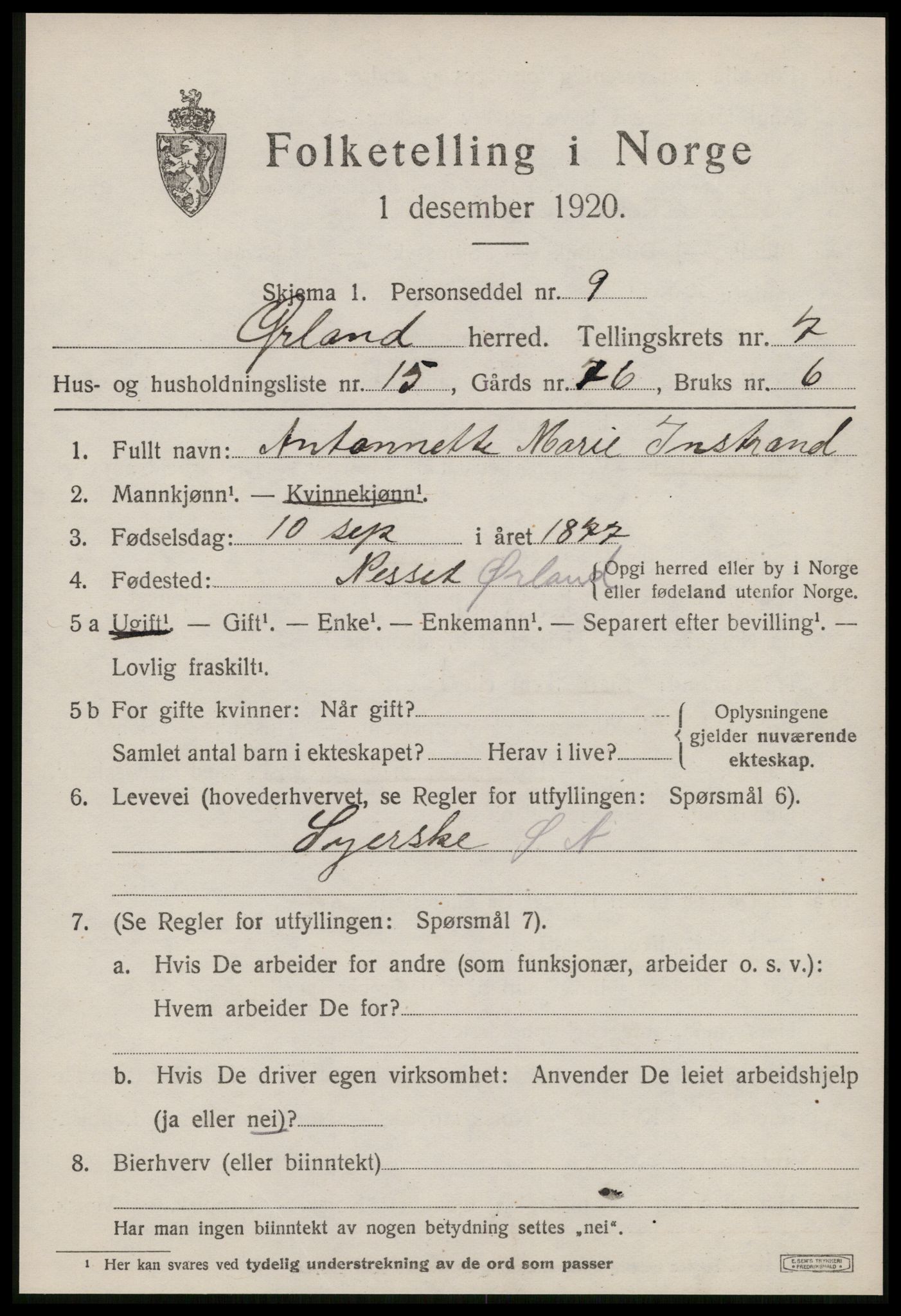 SAT, 1920 census for Ørland, 1920, p. 6251