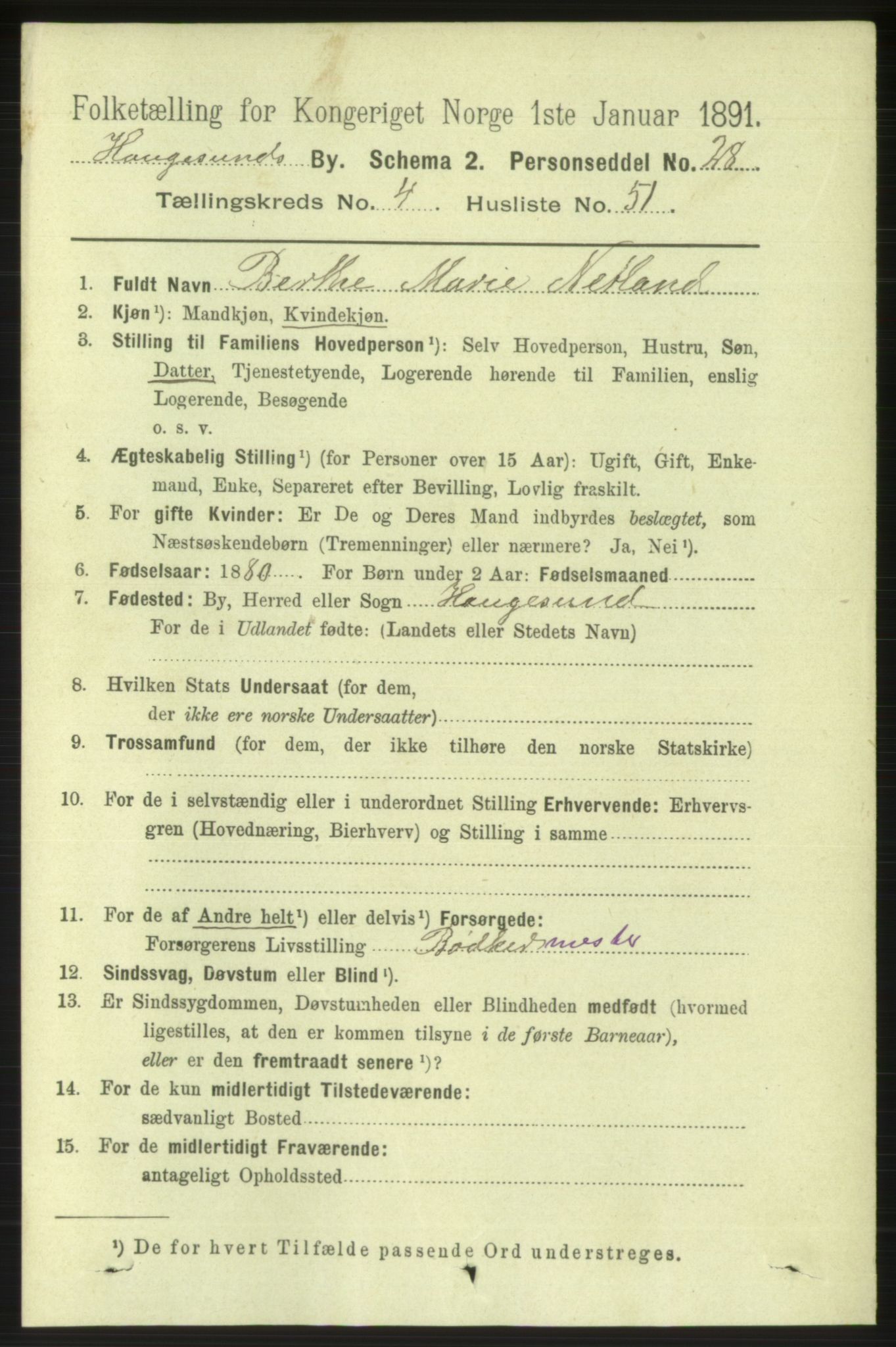 RA, 1891 census for 1106 Haugesund, 1891, p. 1926