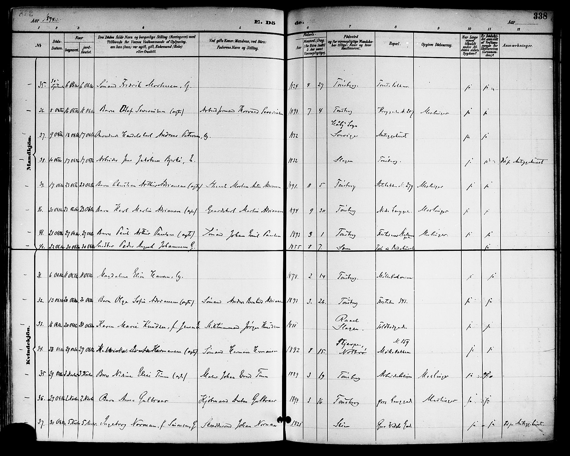 Tønsberg kirkebøker, AV/SAKO-A-330/F/Fa/L0012: Parish register (official) no. I 12, 1891-1899, p. 338