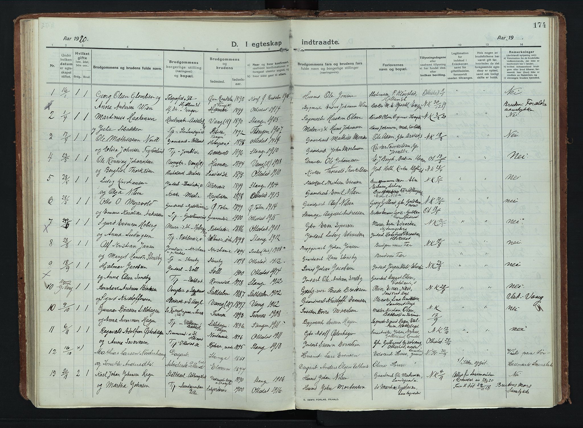 Stange prestekontor, AV/SAH-PREST-002/K/L0028: Parish register (official) no. 28, 1913-1932, p. 174