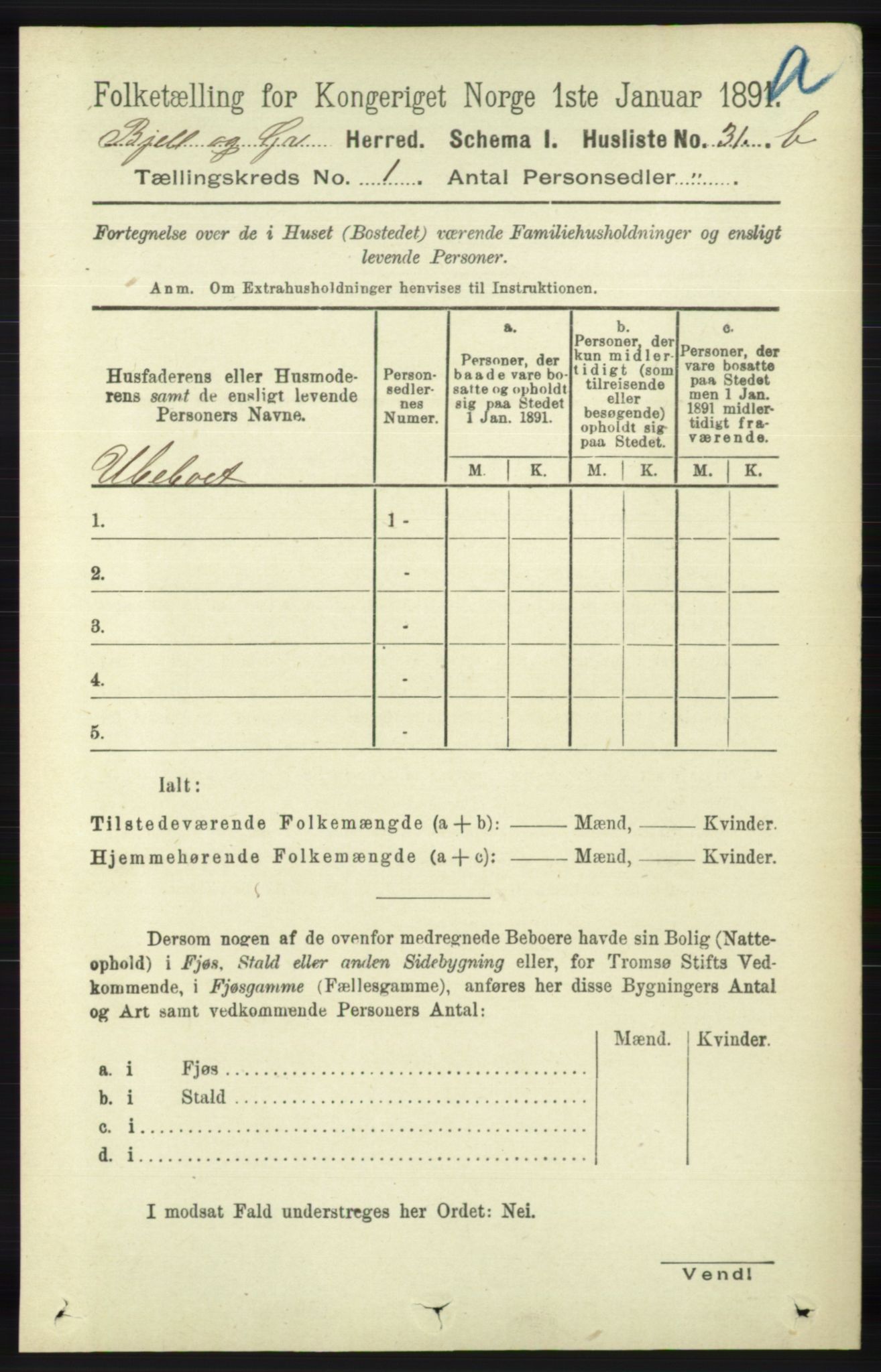 RA, 1891 census for 1024 Bjelland og Grindheim, 1891, p. 54