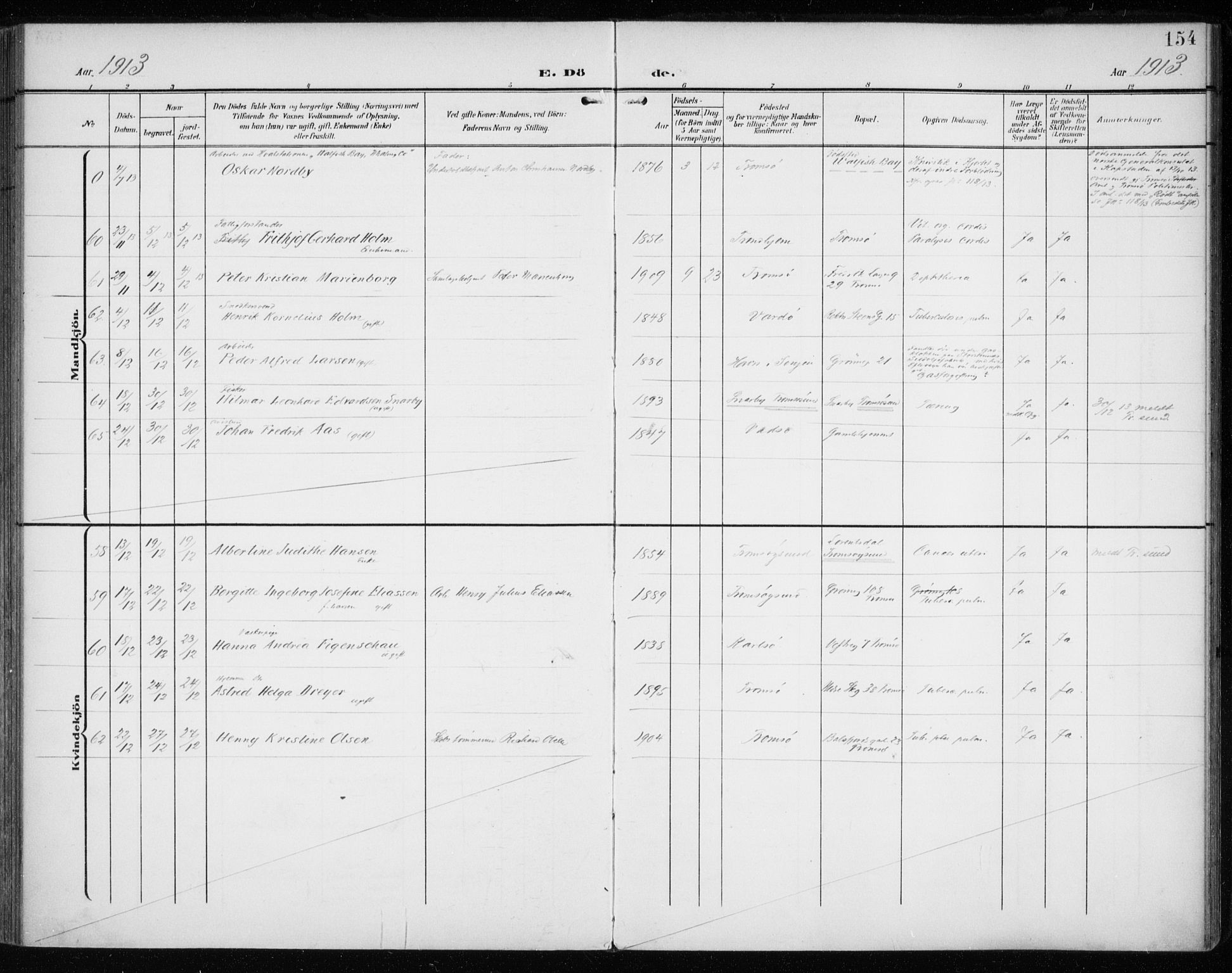 Tromsø sokneprestkontor/stiftsprosti/domprosti, AV/SATØ-S-1343/G/Ga/L0018kirke: Parish register (official) no. 18, 1907-1917, p. 154