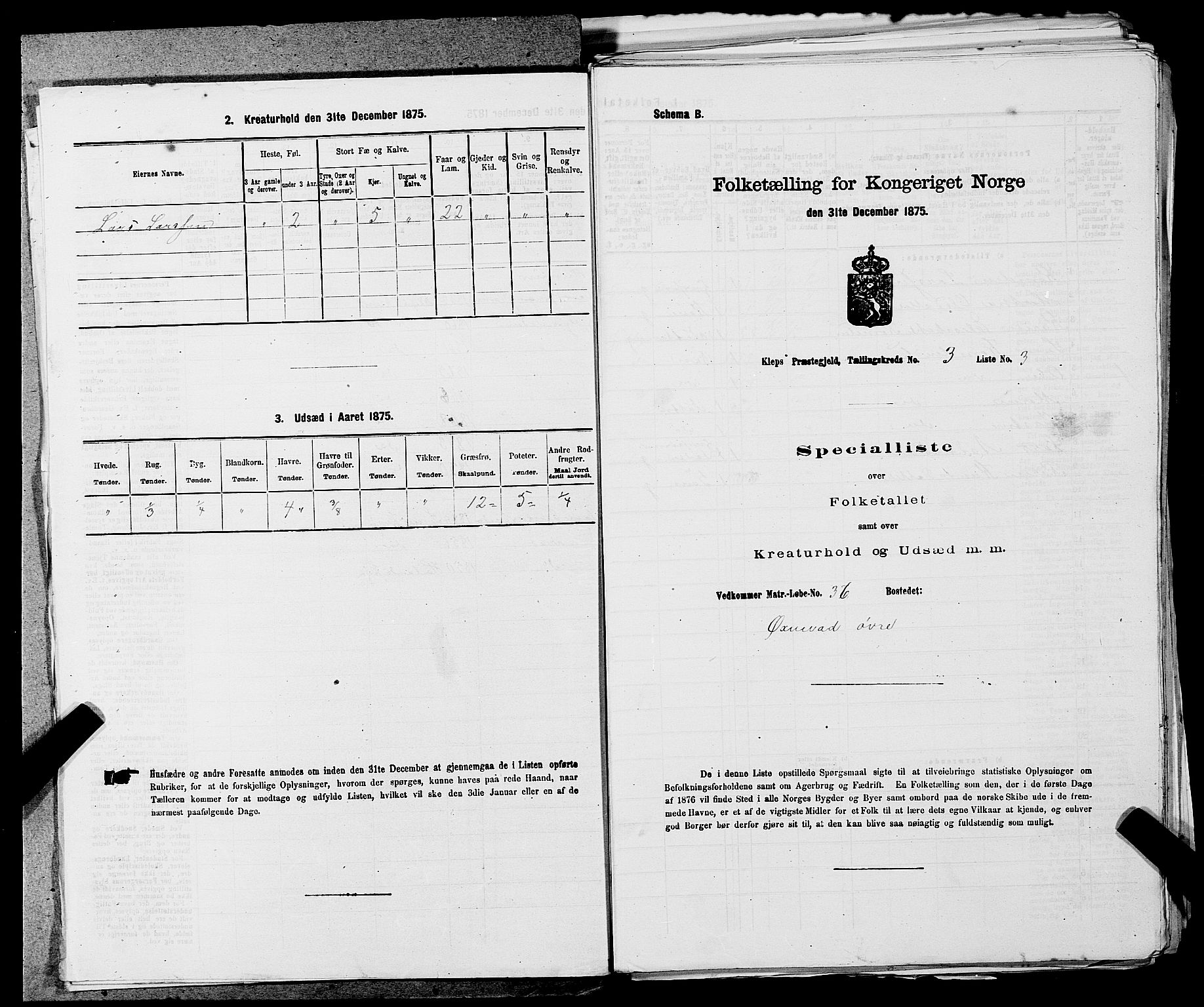 SAST, 1875 census for 1120P Klepp, 1875, p. 181