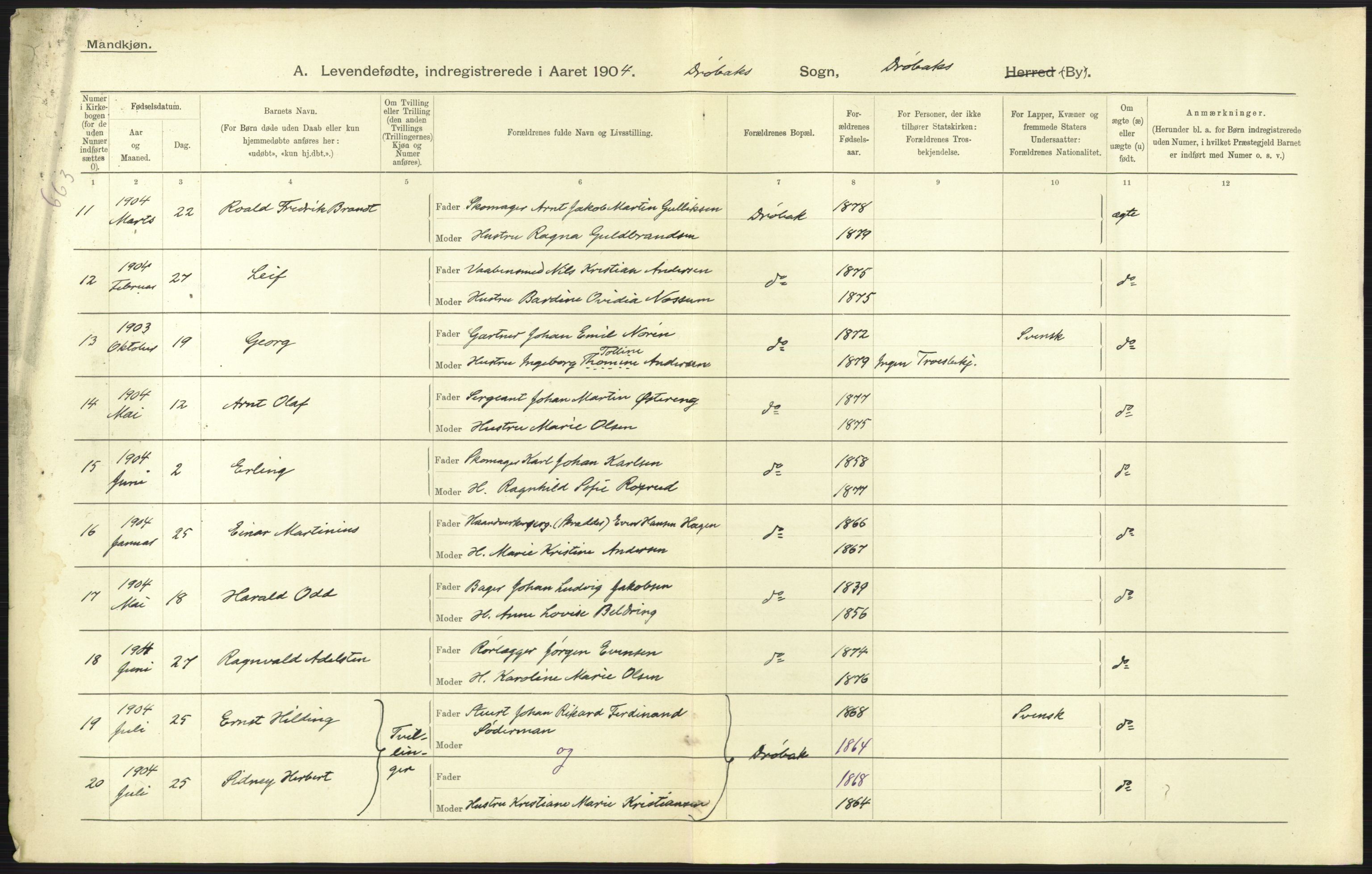 Statistisk sentralbyrå, Sosiodemografiske emner, Befolkning, AV/RA-S-2228/D/Df/Dfa/Dfab/L0002: Akershus amt: Fødte, gifte, døde, 1904, p. 441