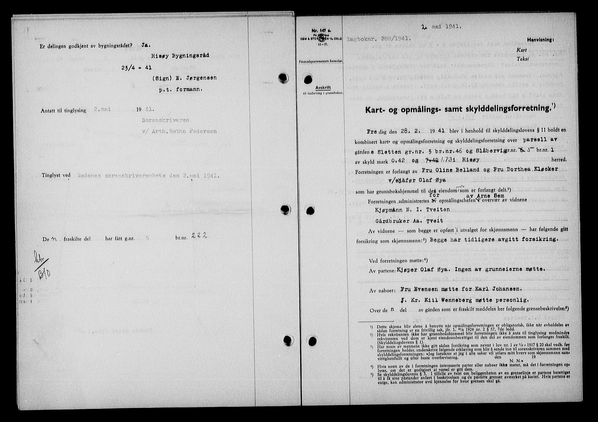 Nedenes sorenskriveri, SAK/1221-0006/G/Gb/Gba/L0048: Mortgage book no. A-II, 1940-1941, Diary no: : 288/1941