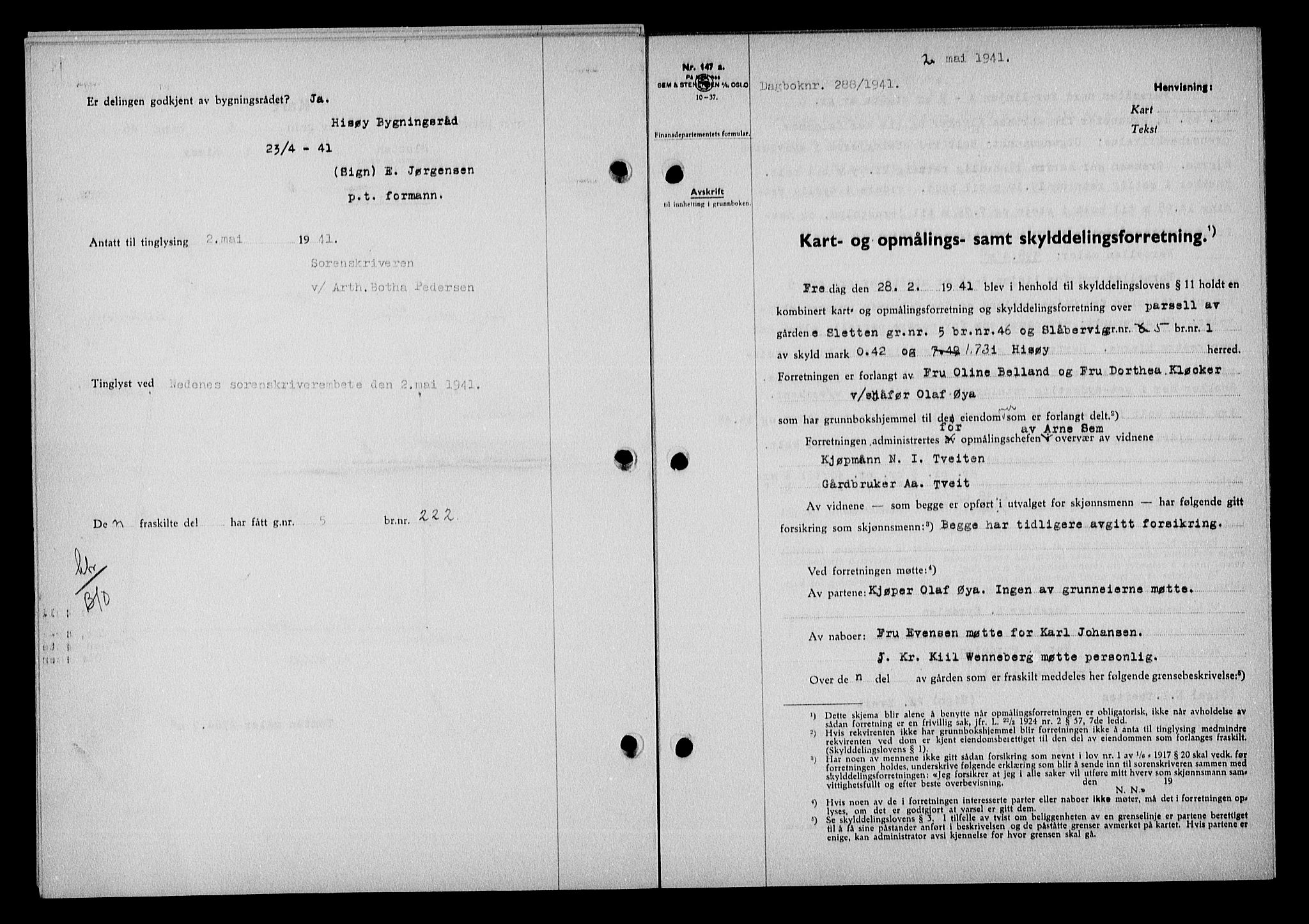 Nedenes sorenskriveri, AV/SAK-1221-0006/G/Gb/Gba/L0048: Mortgage book no. A-II, 1940-1941, Diary no: : 288/1941