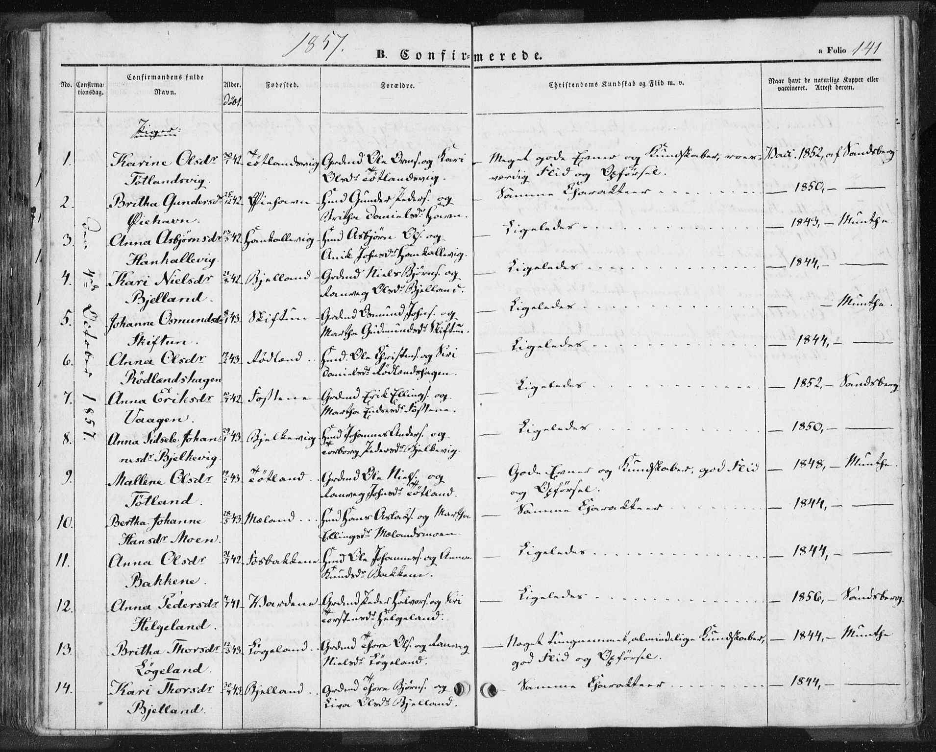 Hjelmeland sokneprestkontor, AV/SAST-A-101843/01/IV/L0009: Parish register (official) no. A 9, 1846-1860, p. 141