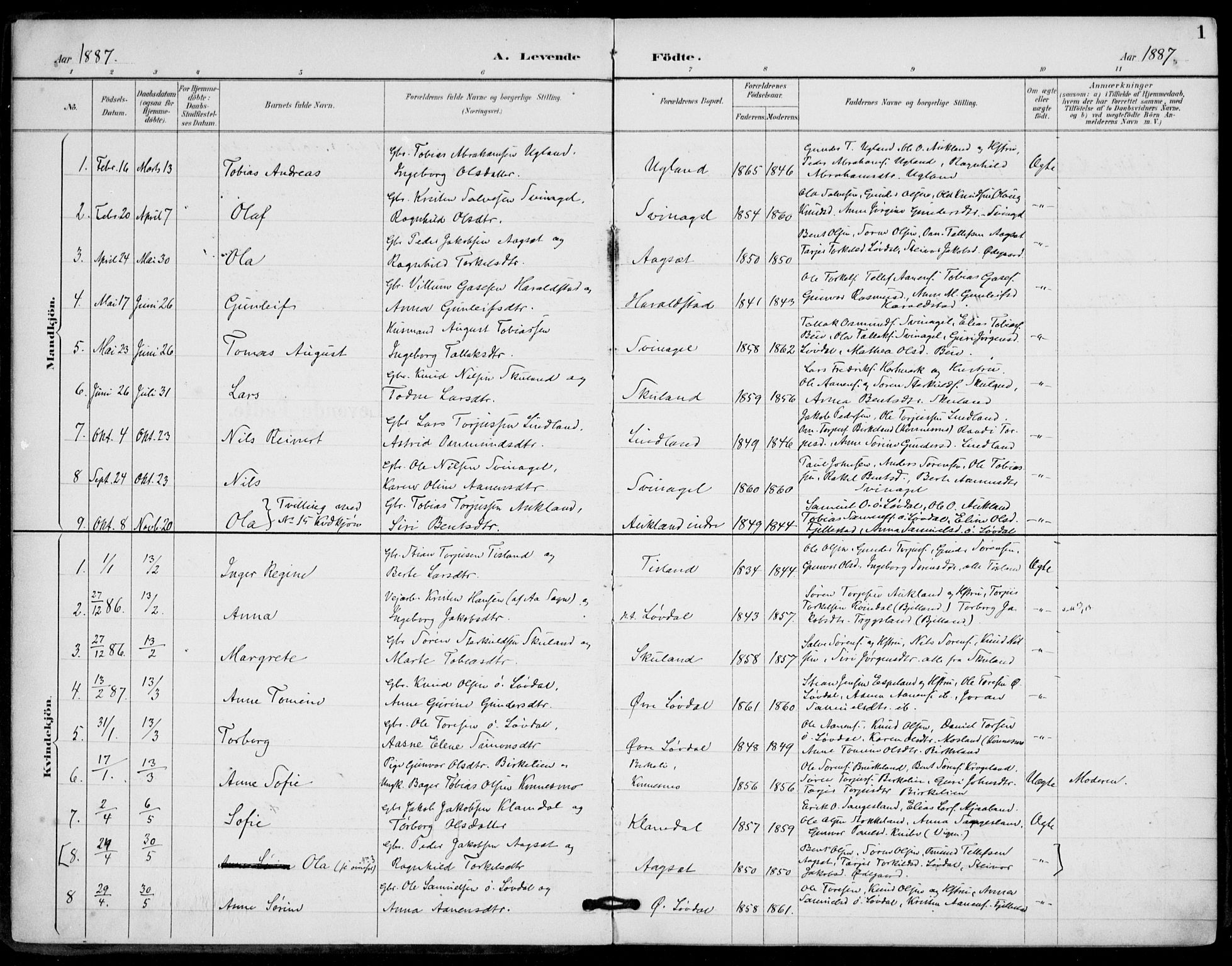 Holum sokneprestkontor, AV/SAK-1111-0022/F/Fa/Fab/L0007: Parish register (official) no. A 7, 1887-1912, p. 1