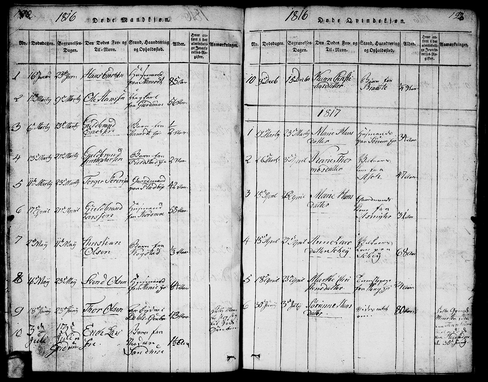 Gjerdrum prestekontor Kirkebøker, AV/SAO-A-10412b/F/Fa/L0004: Parish register (official) no. I 4, 1816-1836, p. 192-193