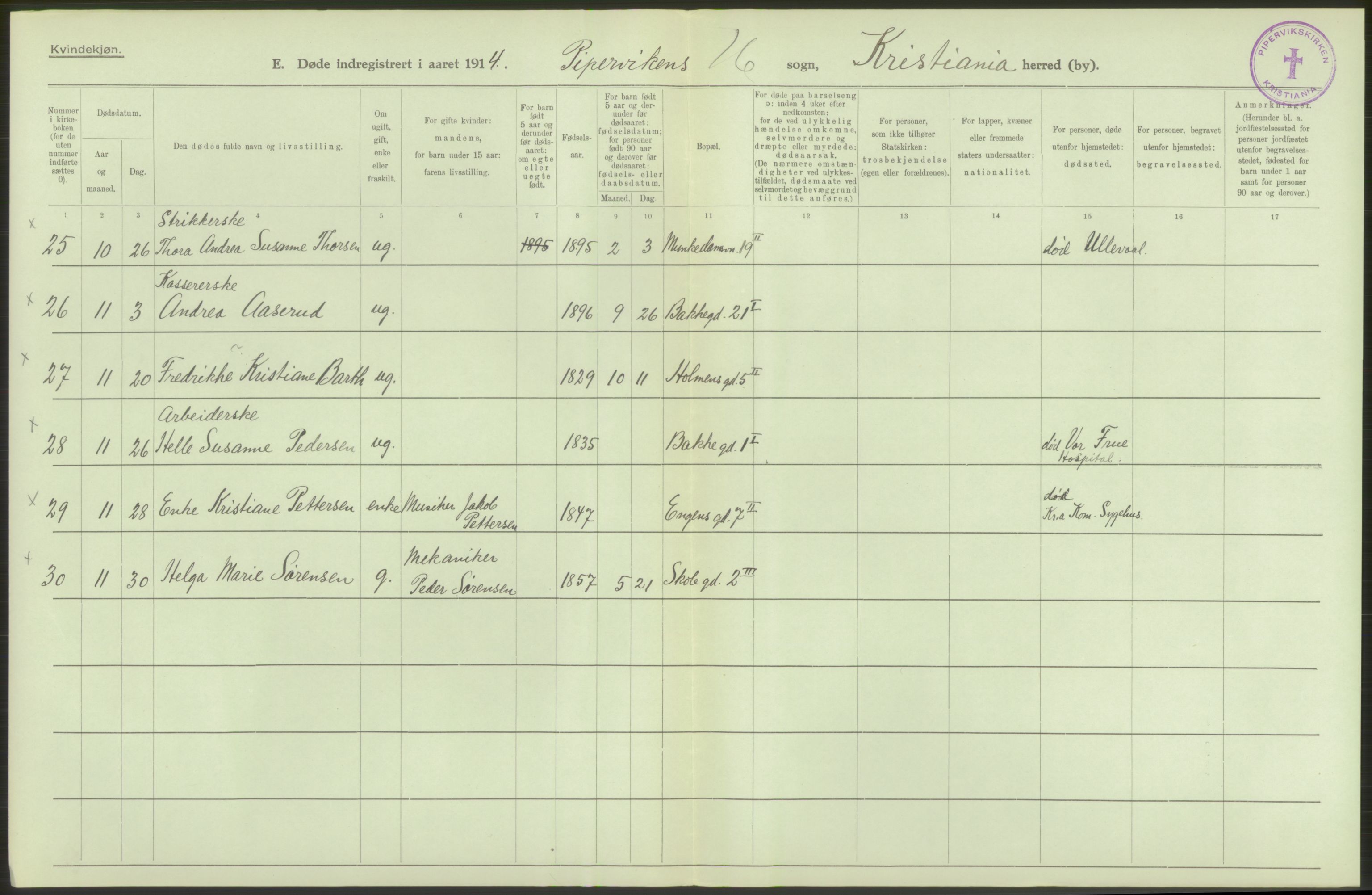 Statistisk sentralbyrå, Sosiodemografiske emner, Befolkning, AV/RA-S-2228/D/Df/Dfb/Dfbd/L0008: Kristiania: Døde, 1914, p. 58