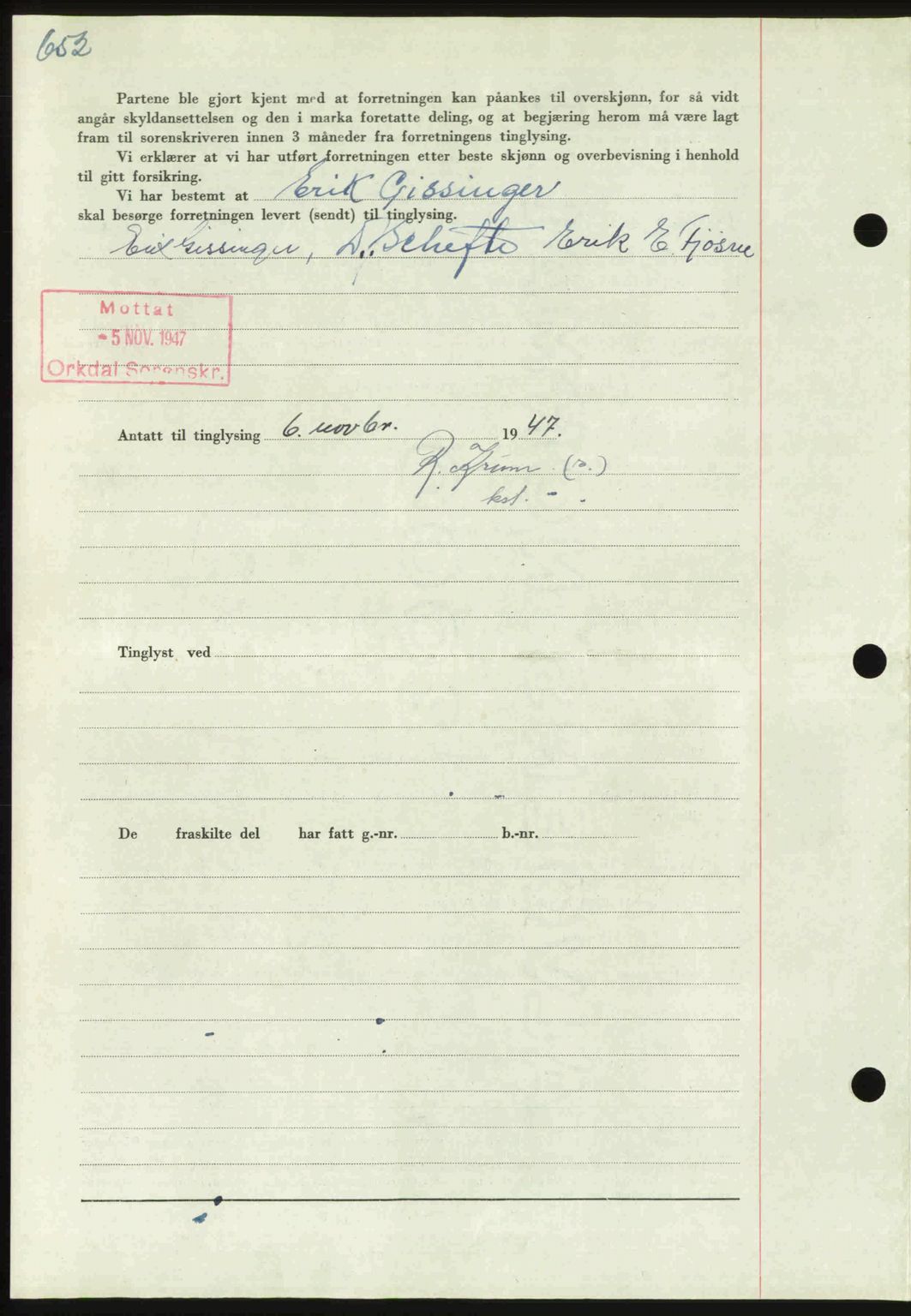 Orkdal sorenskriveri, SAT/A-4169/1/2/2C: Mortgage book no. A, 1947-1947, Diary no: : 1421/1947