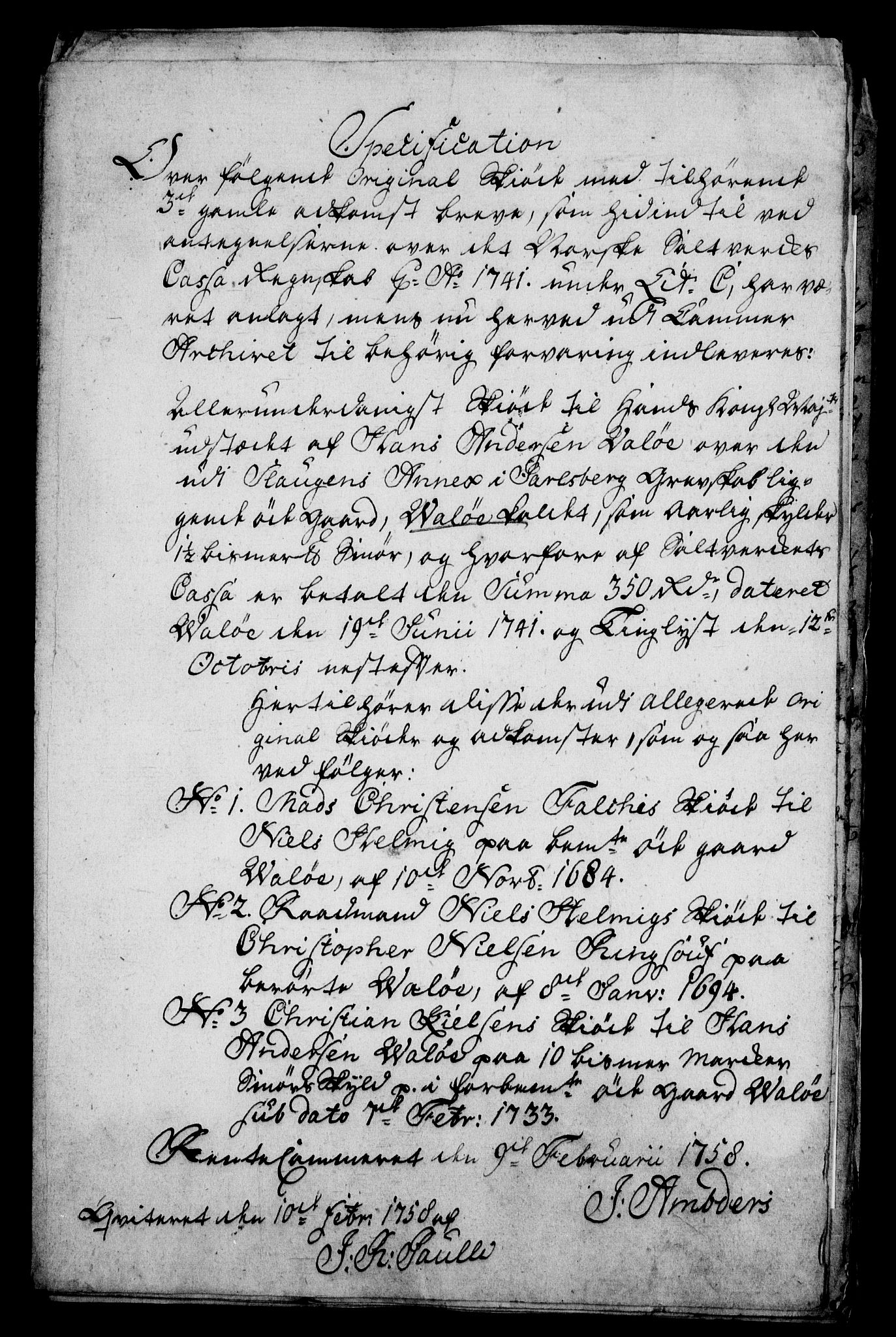 Rentekammeret inntil 1814, Realistisk ordnet avdeling, AV/RA-EA-4070/On/L0009: [Jj 9]: Forskjellige skjøter og makeskifter med kirker og prestebord. Ervervelsen av Vallø saltverks eiendommer, 1650-1758, p. 2