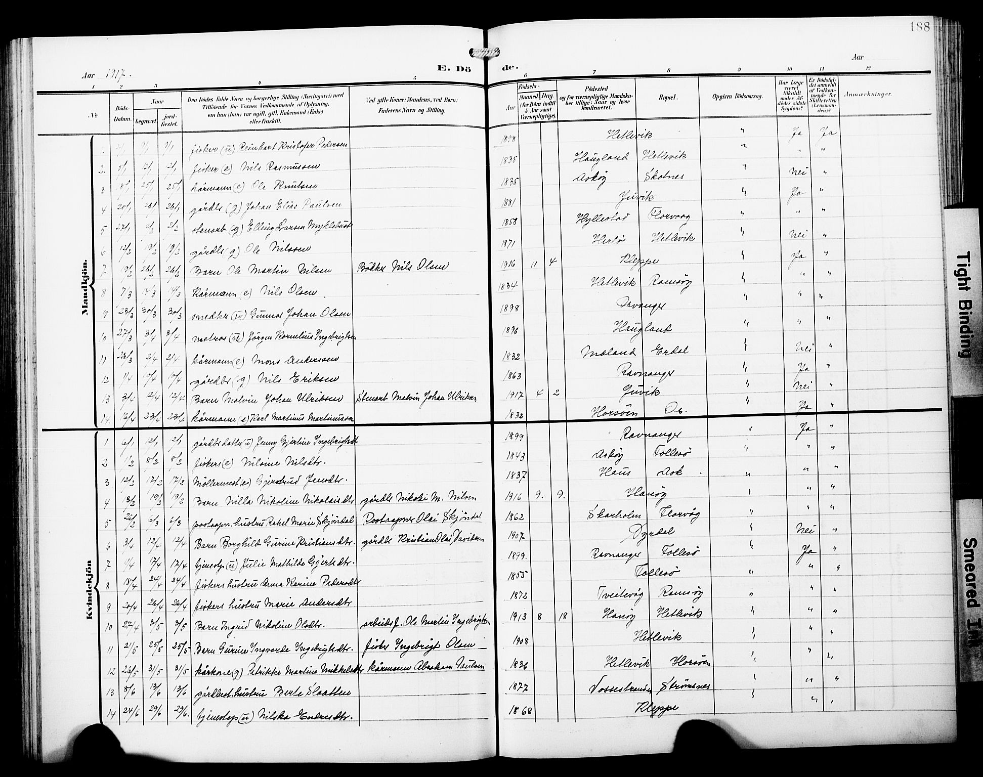 Askøy Sokneprestembete, AV/SAB-A-74101/H/Ha/Hab/Haba/L0014: Parish register (copy) no. A 14, 1904-1927, p. 188