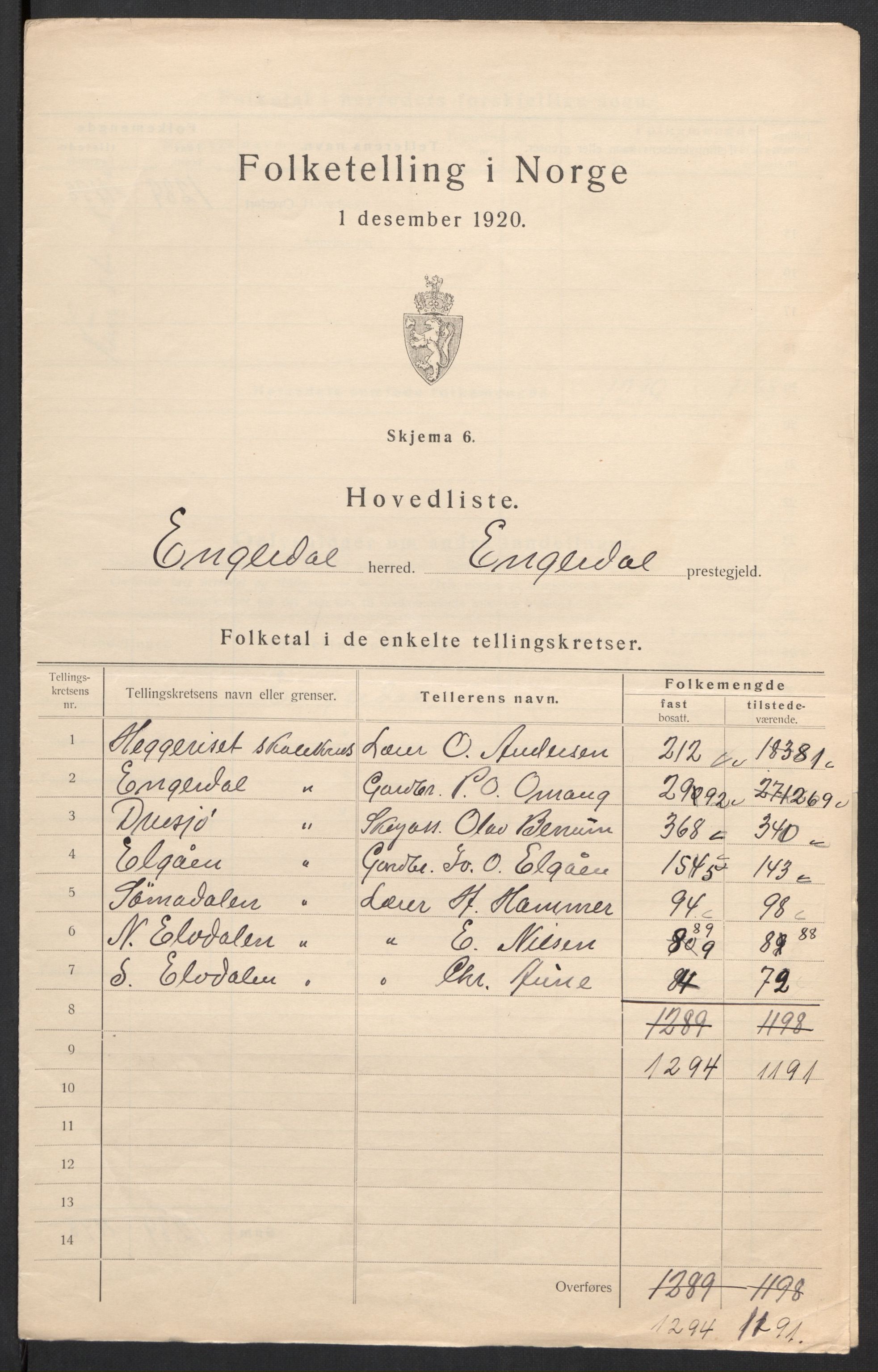 SAH, 1920 census for Engerdal, 1920, p. 3