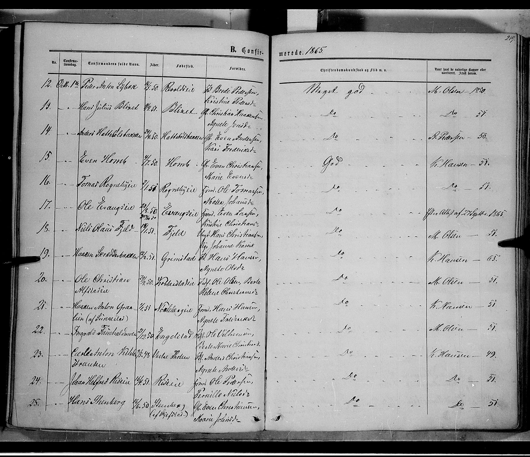 Østre Toten prestekontor, SAH/PREST-104/H/Ha/Haa/L0004: Parish register (official) no. 4, 1857-1865, p. 219