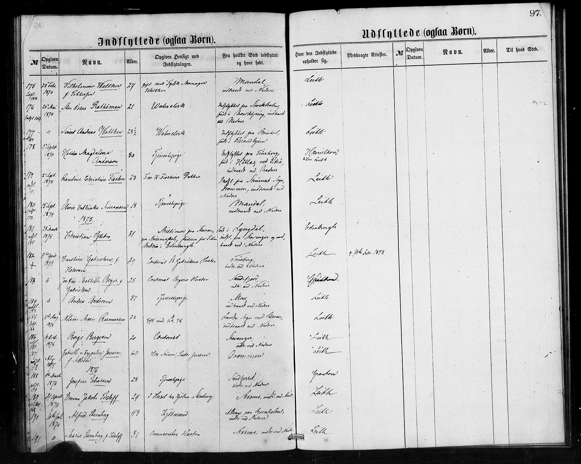 Den norske sjømannsmisjon i utlandet/Skotske havner (Leith, Glasgow), SAB/SAB/PA-0100/H/Ha/Haa/L0001: Parish register (official) no. A 1, 1865-1880, p. 97