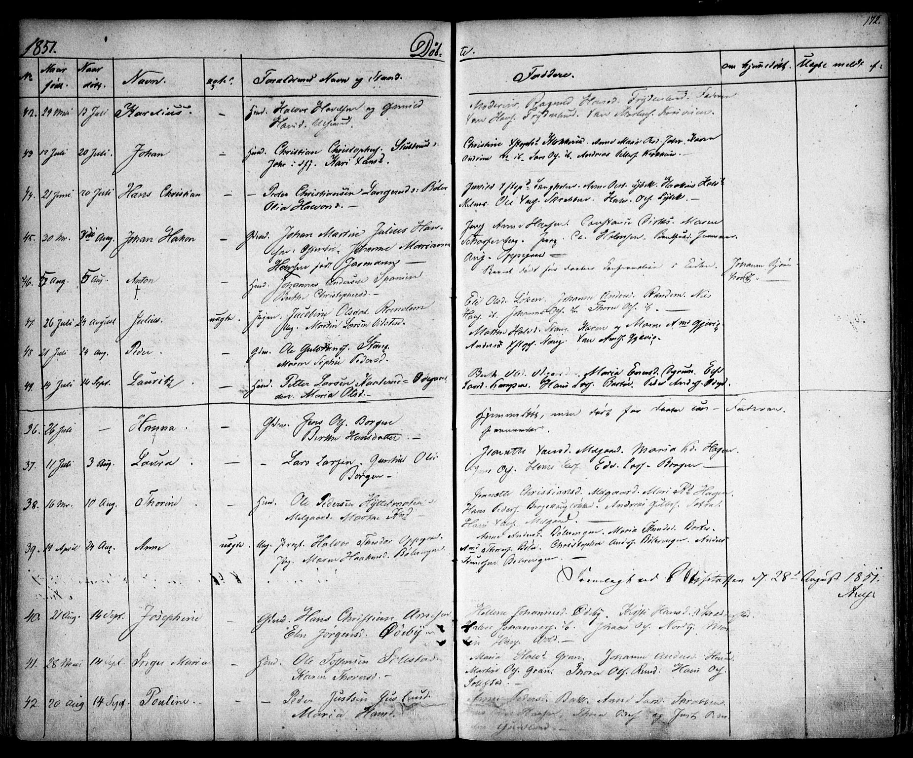 Enebakk prestekontor Kirkebøker, AV/SAO-A-10171c/F/Fa/L0009: Parish register (official) no. I 9, 1832-1861, p. 172