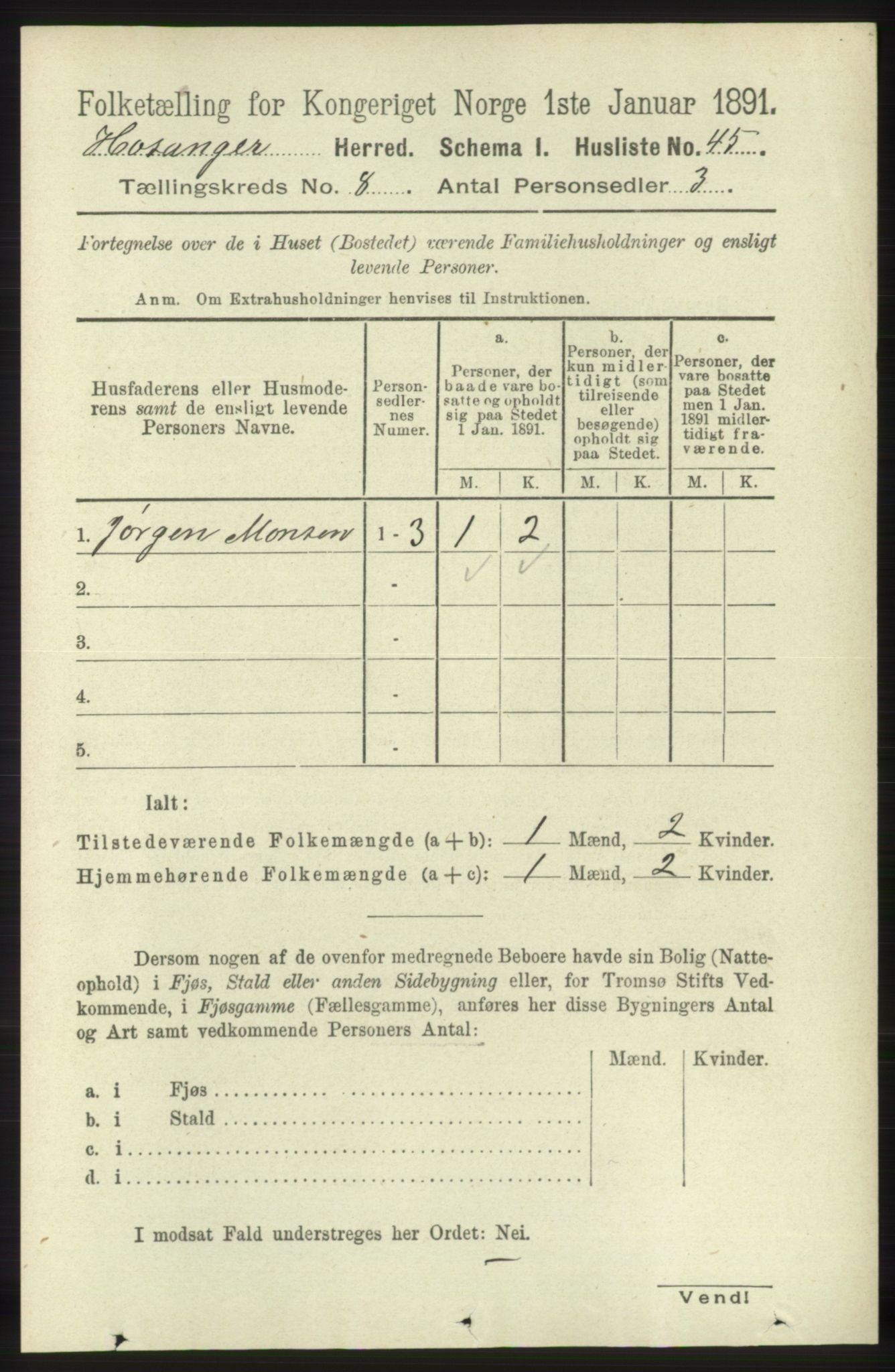 RA, 1891 census for 1253 Hosanger, 1891, p. 2945