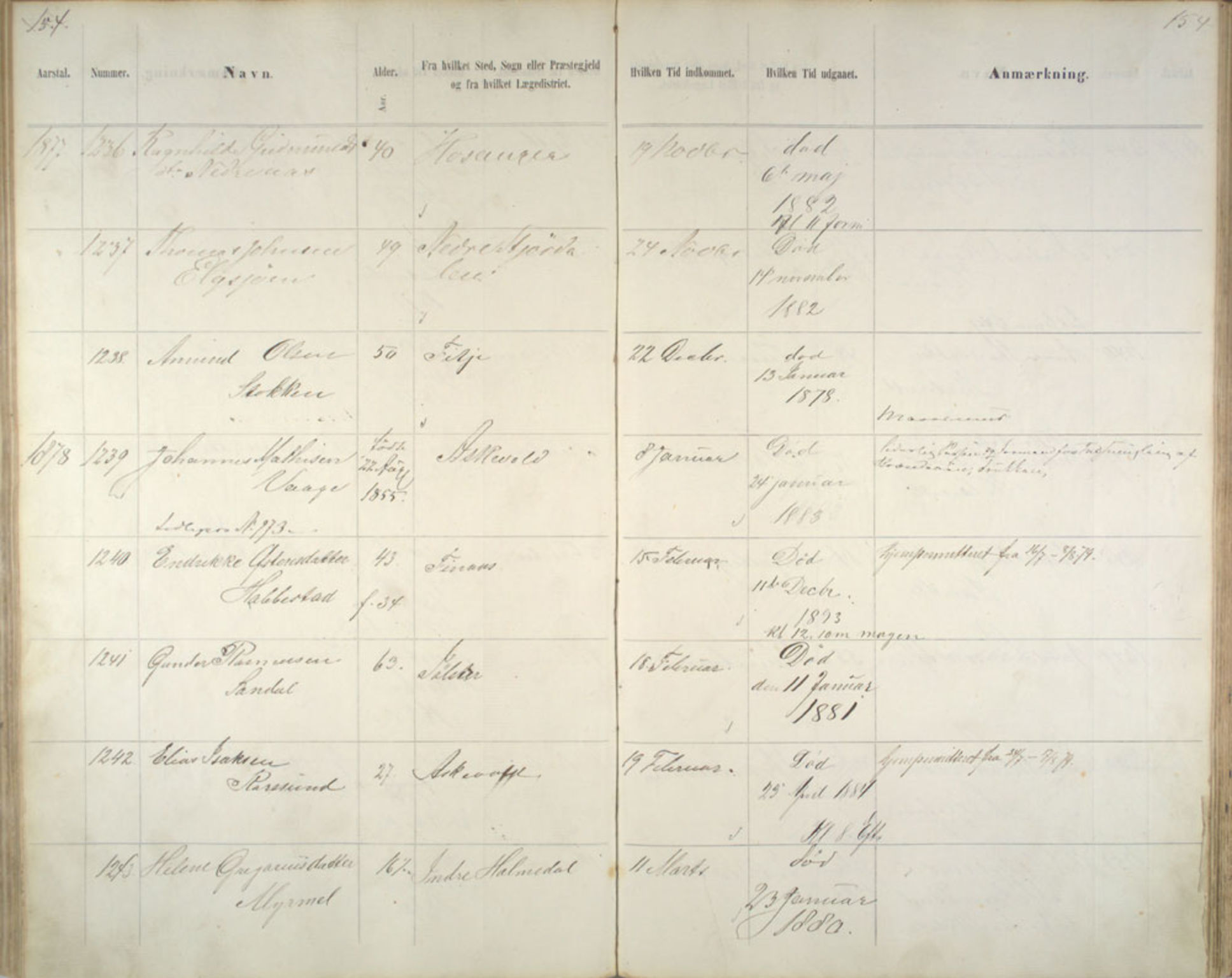 Lepraarkiver - Pleiestiftelsen for spedalske no.1, AV/SAB-A-60601/C/L0005: Av- og tilgangsliste, 1857-1955, p. 154