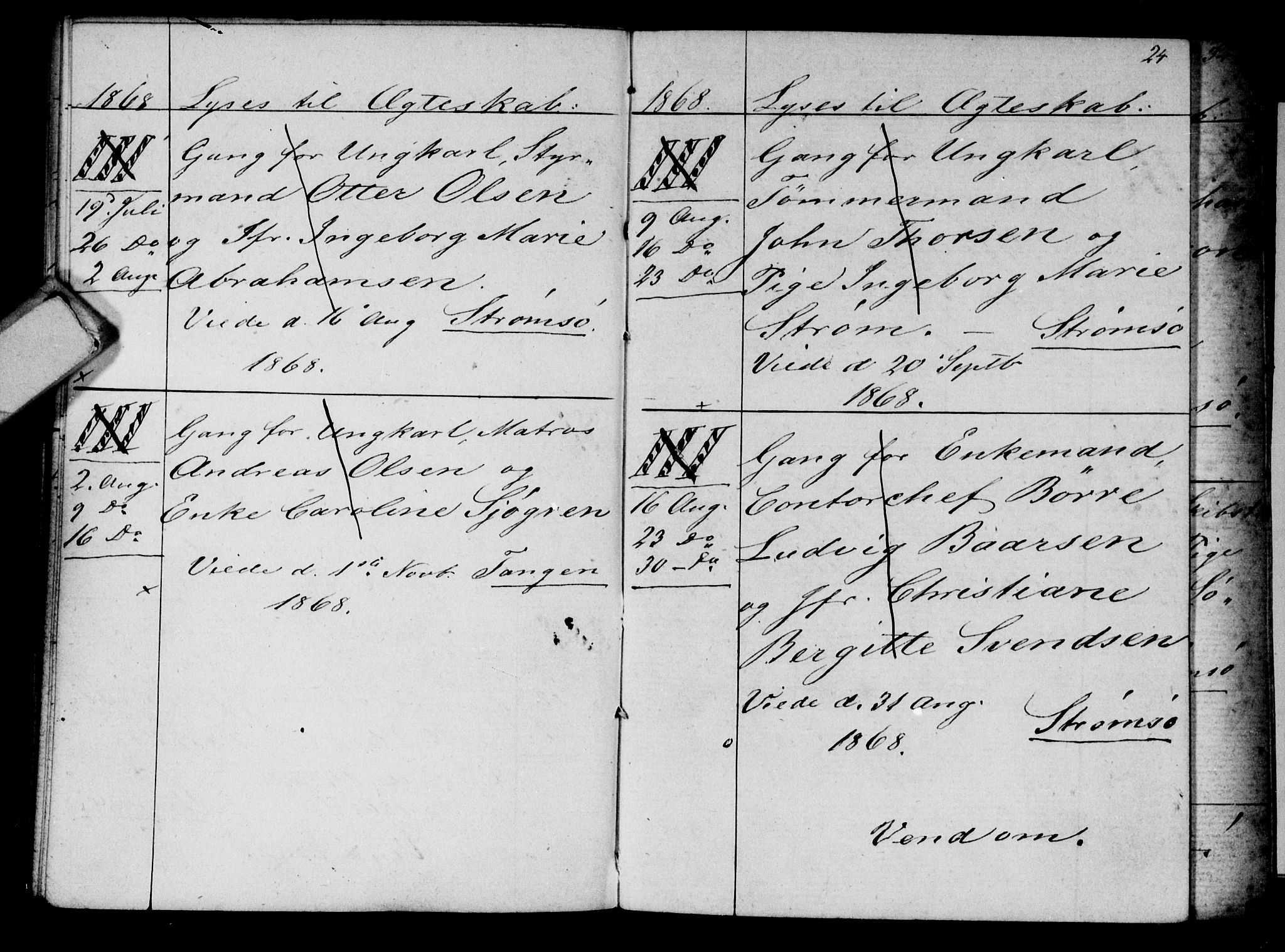 Strømsø kirkebøker, AV/SAKO-A-246/H/Ha/L0003: Banns register no. 3, 1866-1874, p. 24