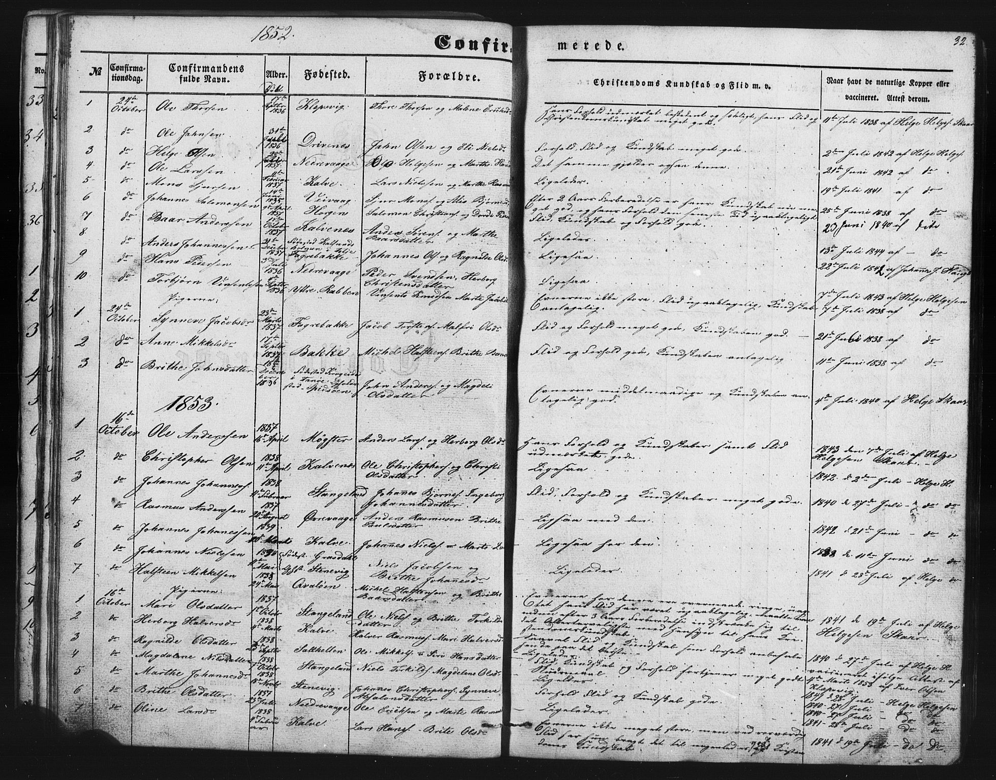Austevoll Sokneprestembete, SAB/A-74201/H/Hab: Parish register (copy) no. B 1, 1852-1864, p. 32