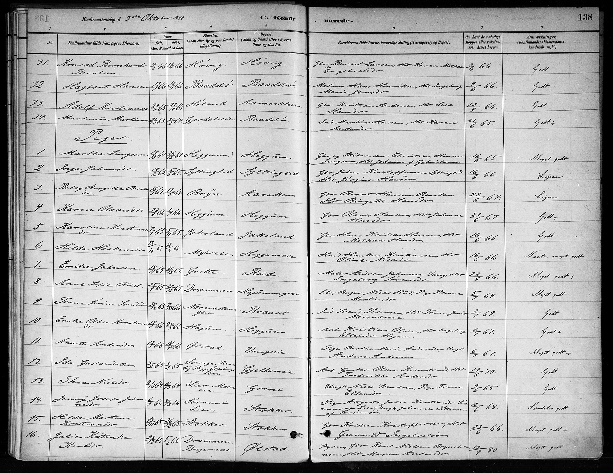 Røyken kirkebøker, SAKO/A-241/F/Fa/L0008: Parish register (official) no. 8, 1880-1897, p. 138