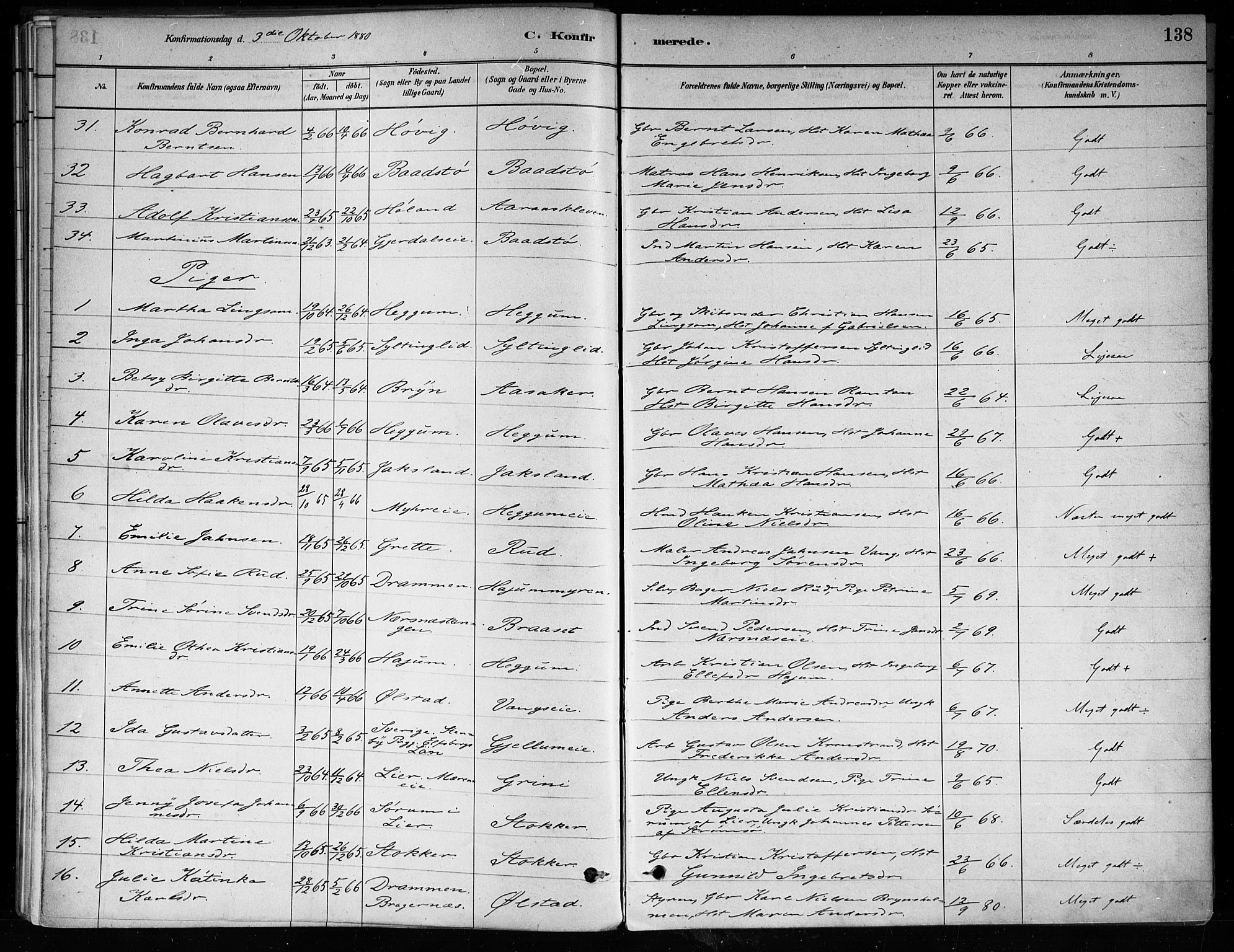 Røyken kirkebøker, AV/SAKO-A-241/F/Fa/L0008: Parish register (official) no. 8, 1880-1897, p. 138