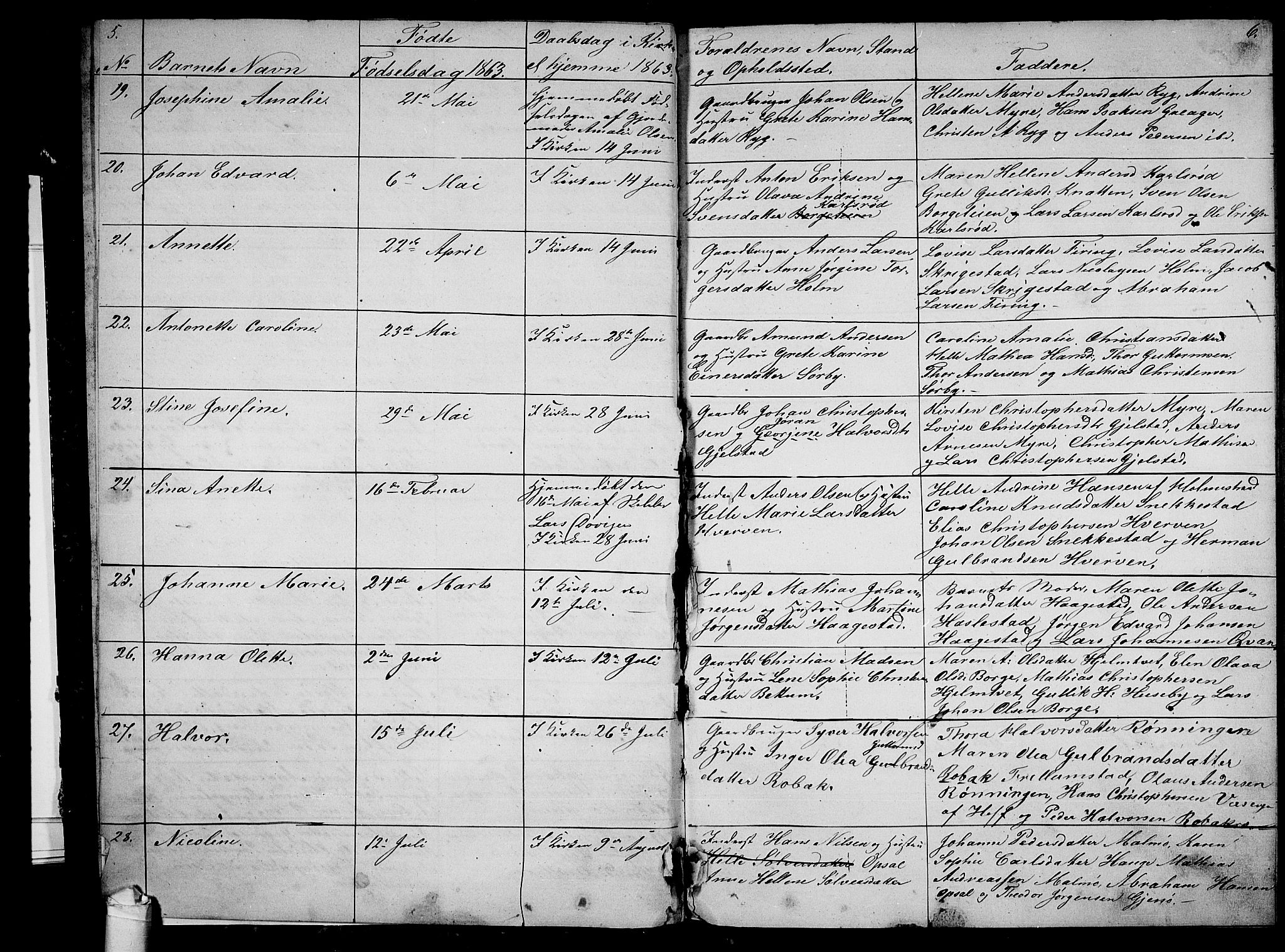 Våle kirkebøker, SAKO/A-334/G/Ga/L0003: Parish register (copy) no. I 3, 1863-1874, p. 5-6