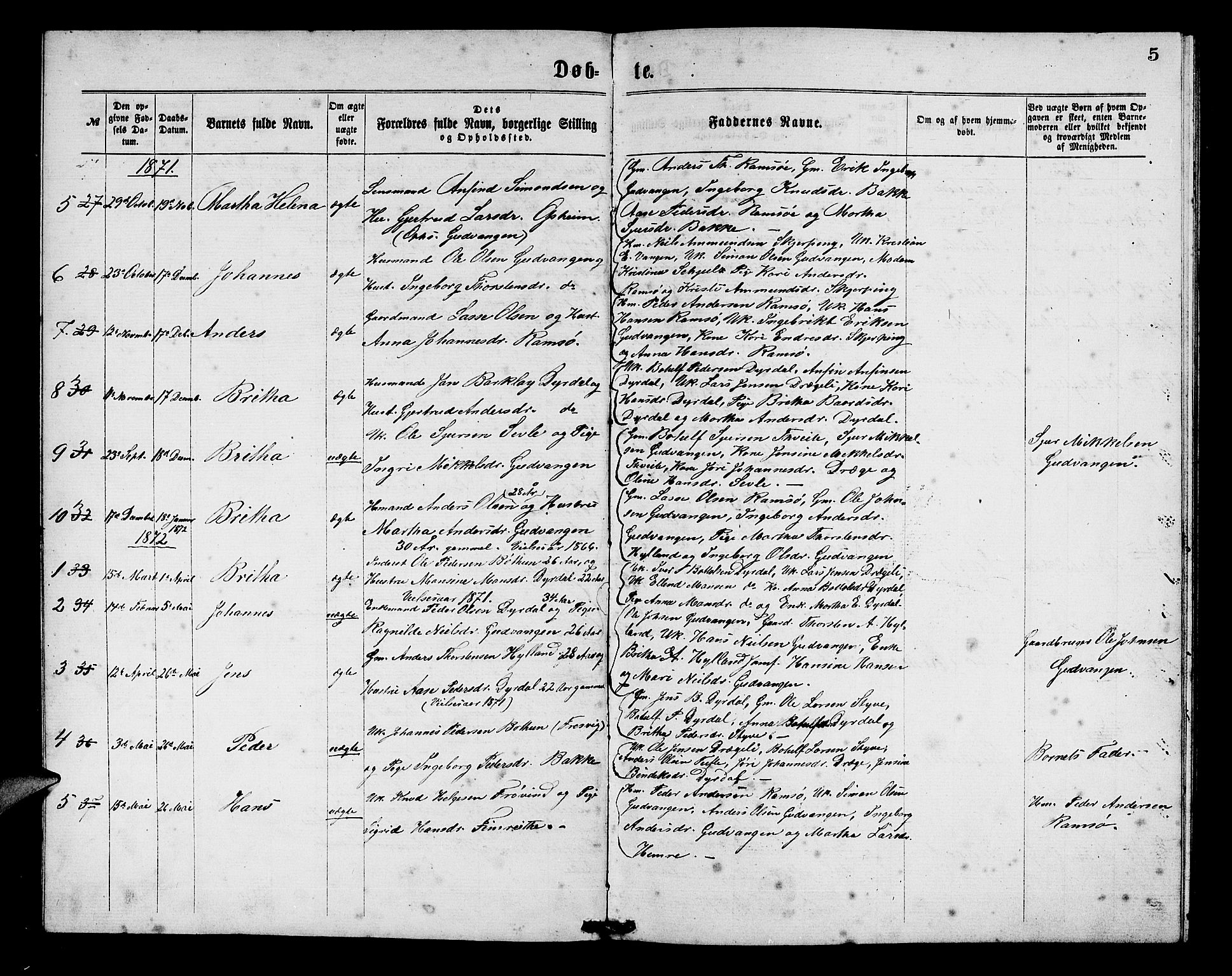Aurland sokneprestembete, SAB/A-99937/H/Hb/Hbc/L0001: Parish register (copy) no. C 1, 1868-1883, p. 5