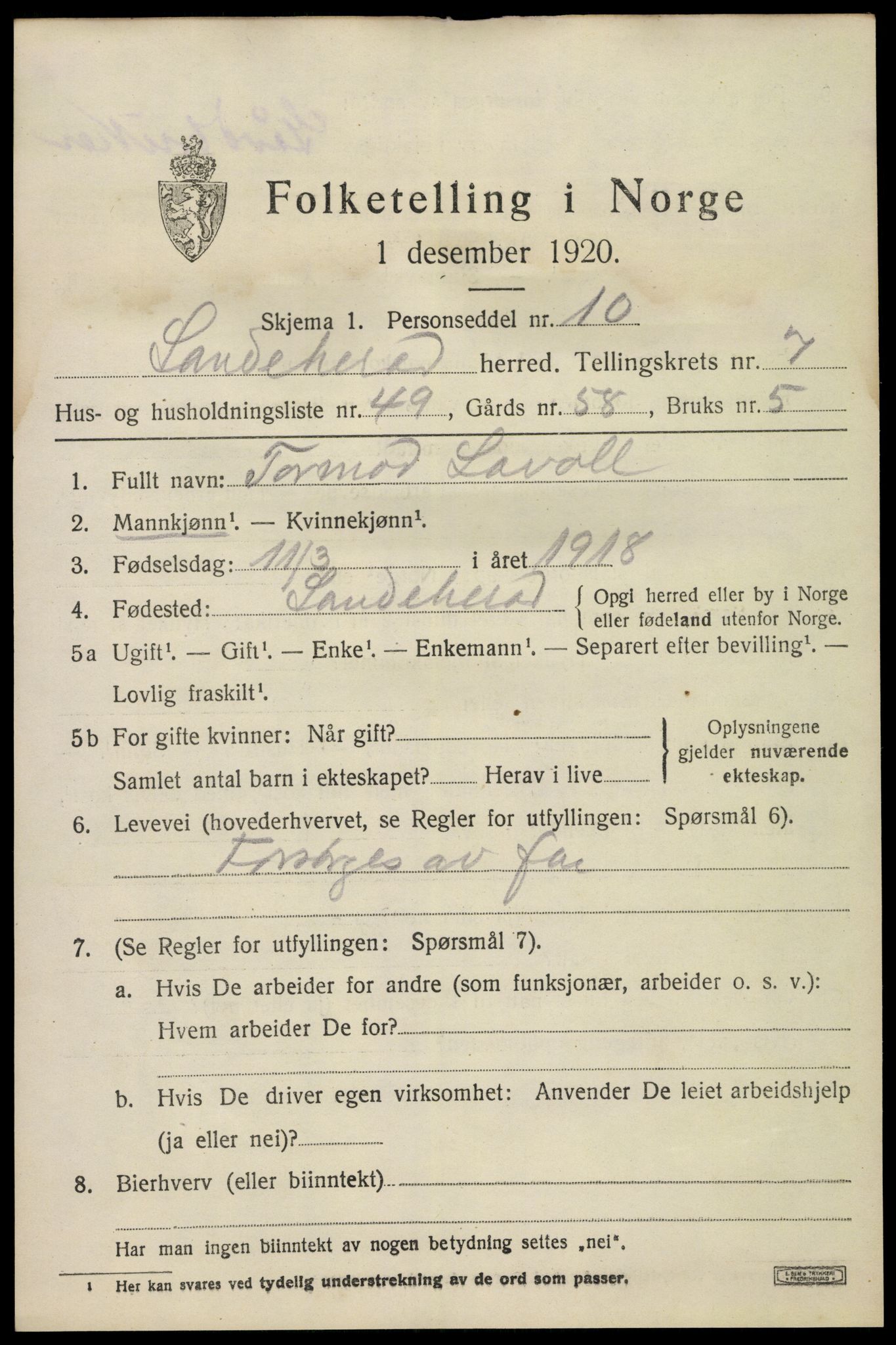 SAKO, 1920 census for Sandeherred, 1920, p. 12506