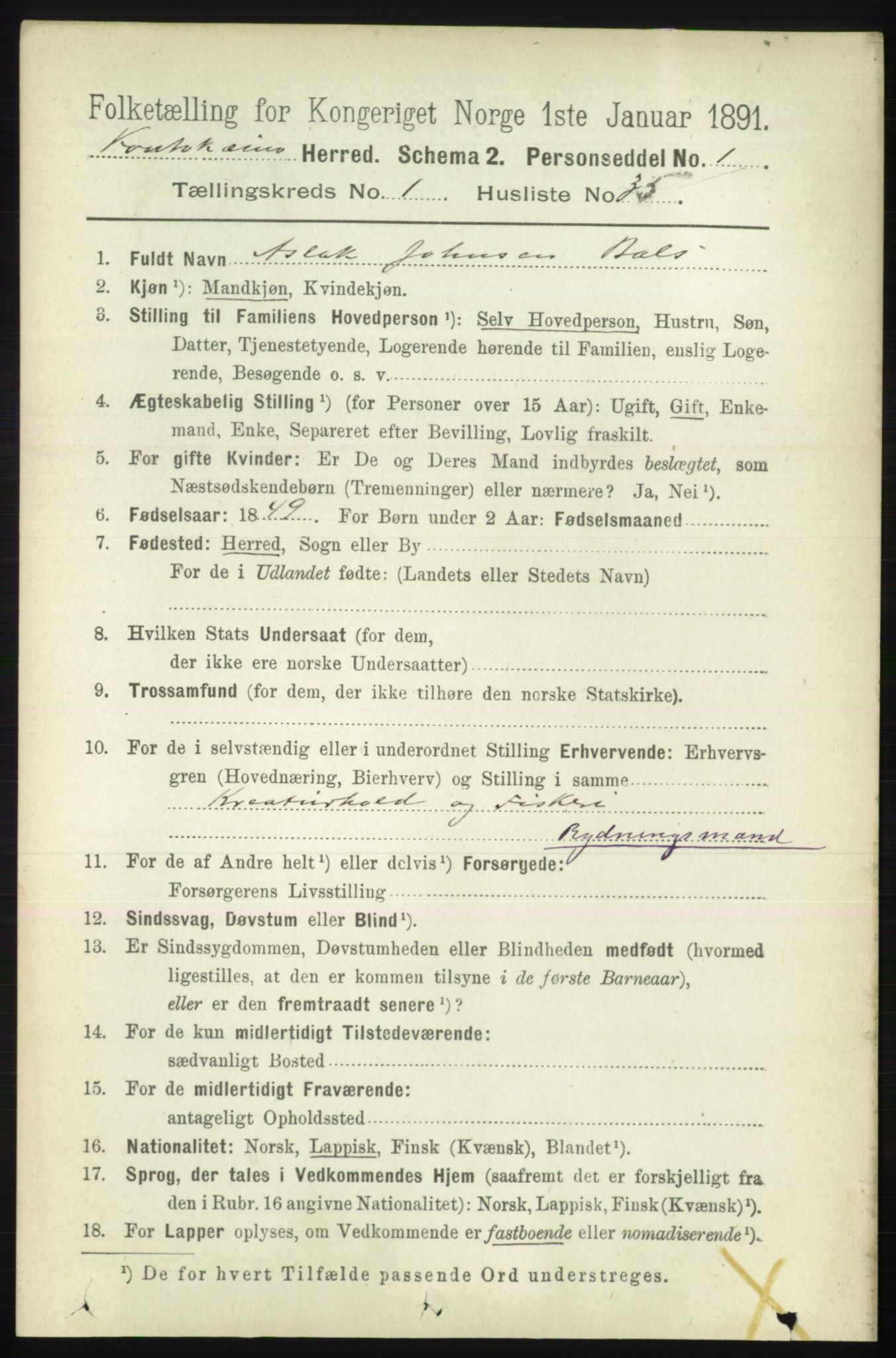 RA, 1891 census for 2011 Kautokeino, 1891, p. 259