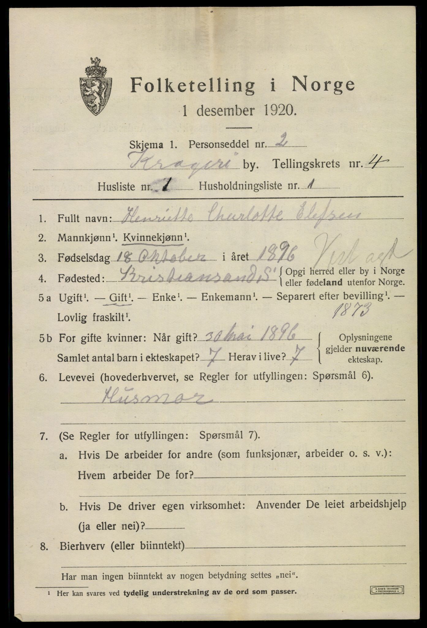 SAKO, 1920 census for Kragerø, 1920, p. 7699