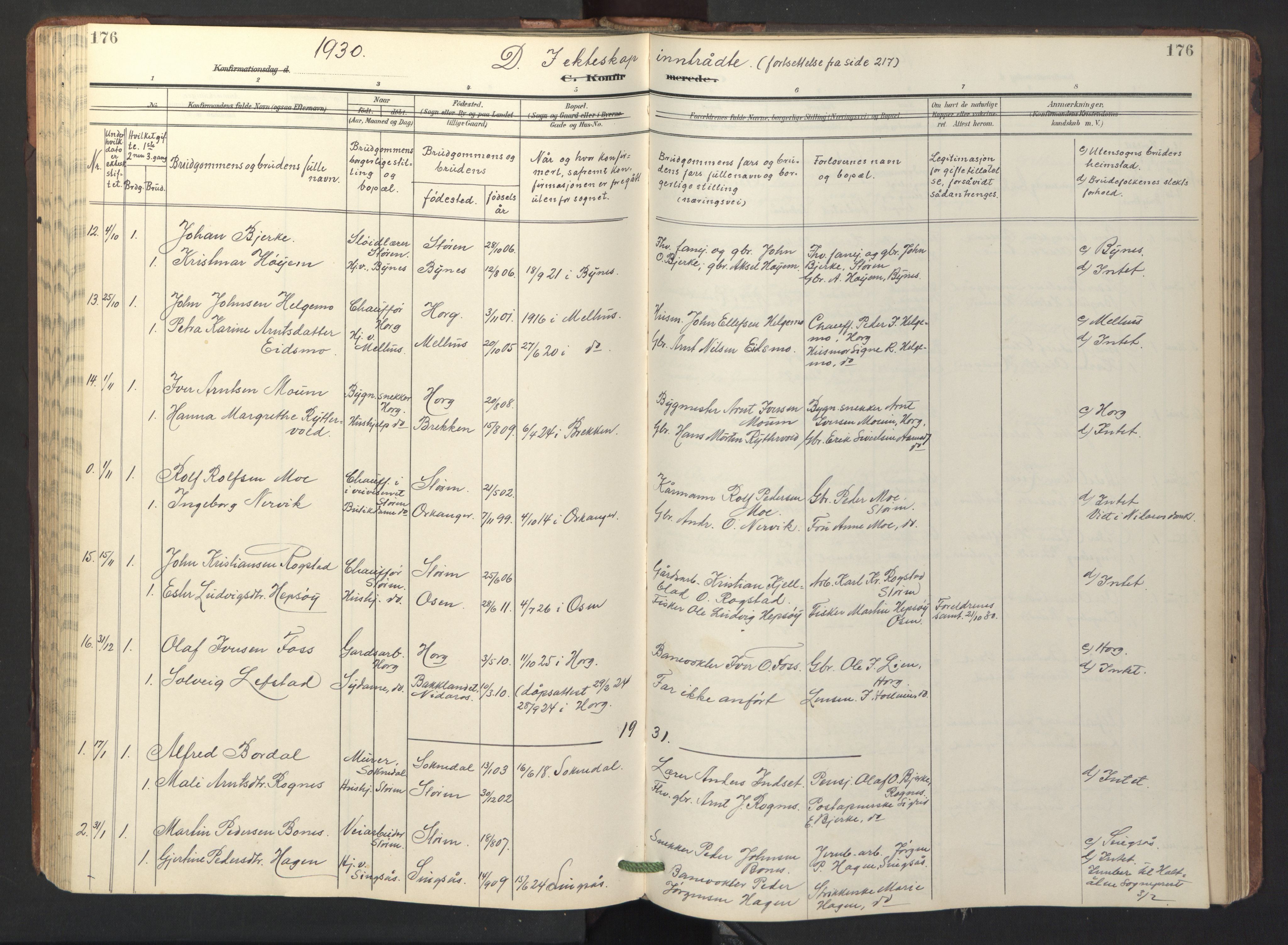 Ministerialprotokoller, klokkerbøker og fødselsregistre - Sør-Trøndelag, AV/SAT-A-1456/687/L1019: Parish register (copy) no. 687C03, 1904-1931, p. 176