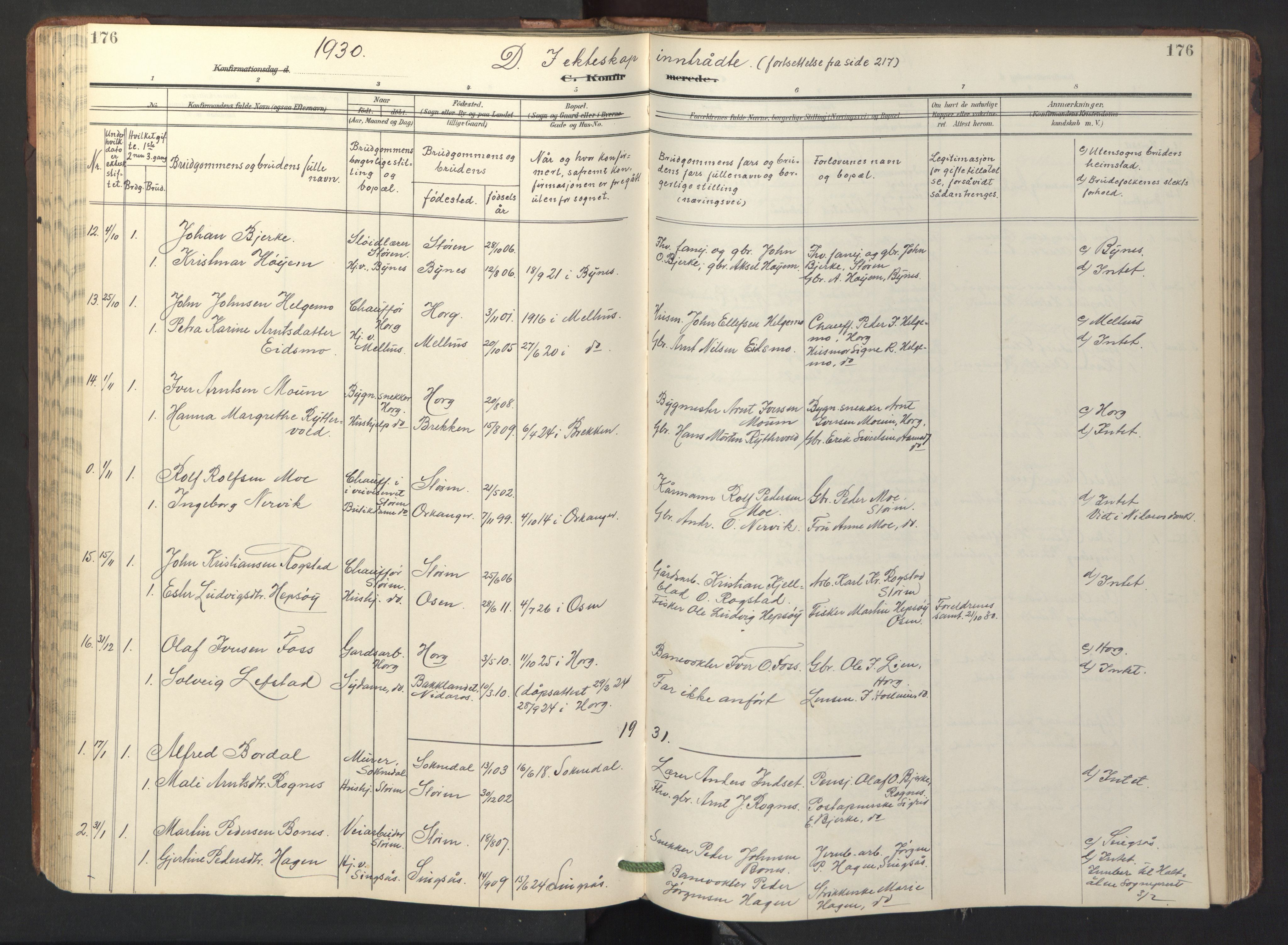 Ministerialprotokoller, klokkerbøker og fødselsregistre - Sør-Trøndelag, SAT/A-1456/687/L1019: Parish register (copy) no. 687C03, 1904-1931, p. 176