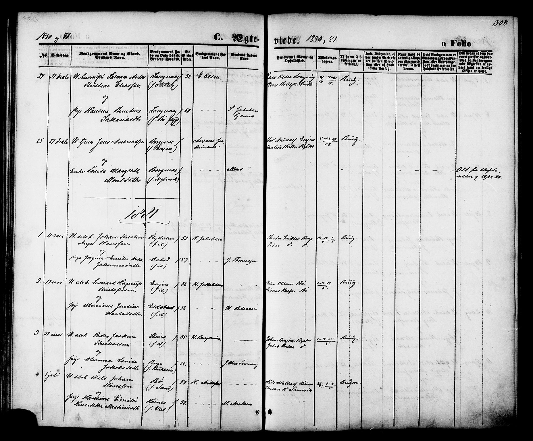 Ministerialprotokoller, klokkerbøker og fødselsregistre - Nordland, SAT/A-1459/880/L1132: Parish register (official) no. 880A06, 1869-1887, p. 308