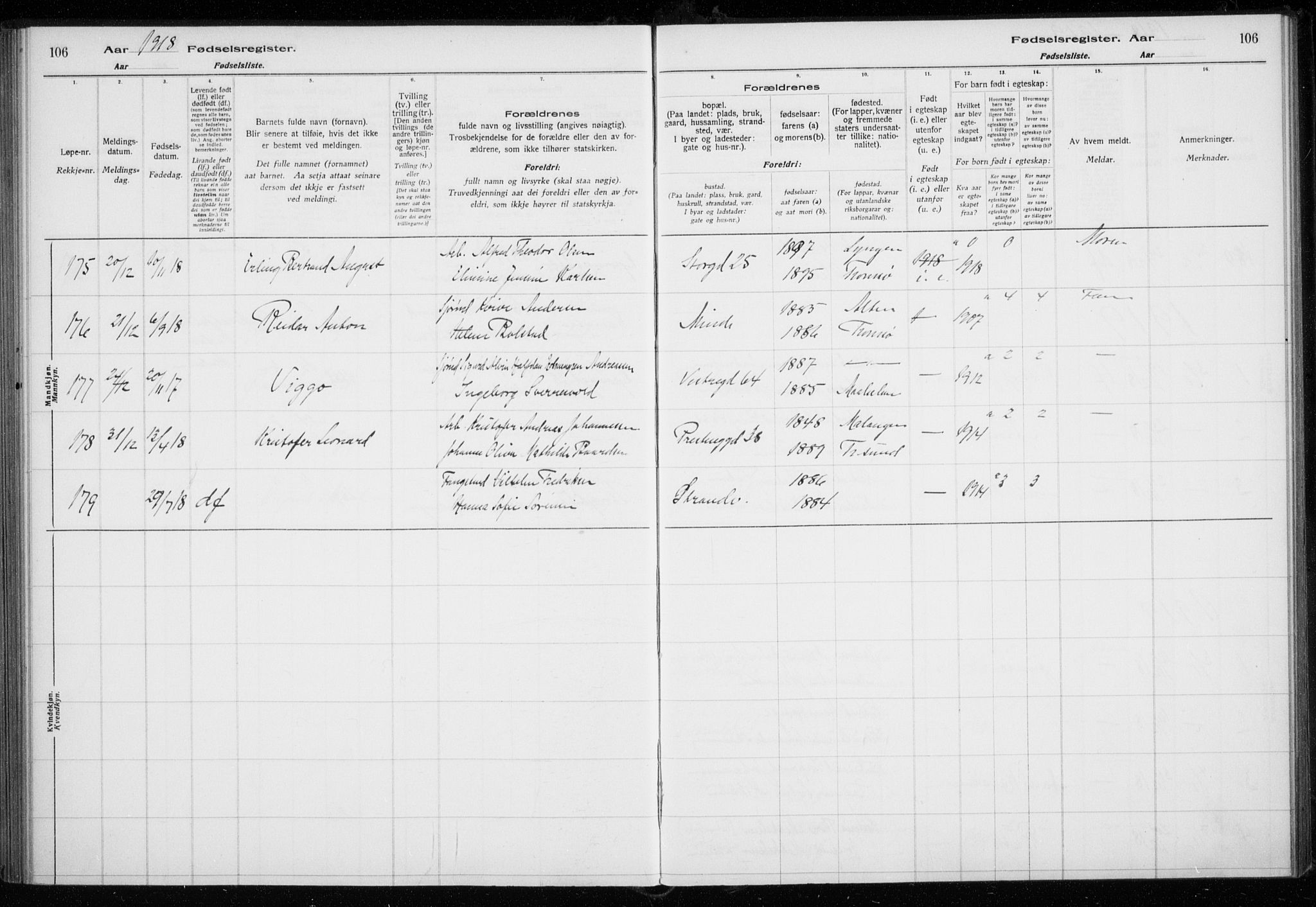 Tromsø sokneprestkontor/stiftsprosti/domprosti, AV/SATØ-S-1343/H/Ha/L0131: Birth register no. 131, 1916-1921, p. 106